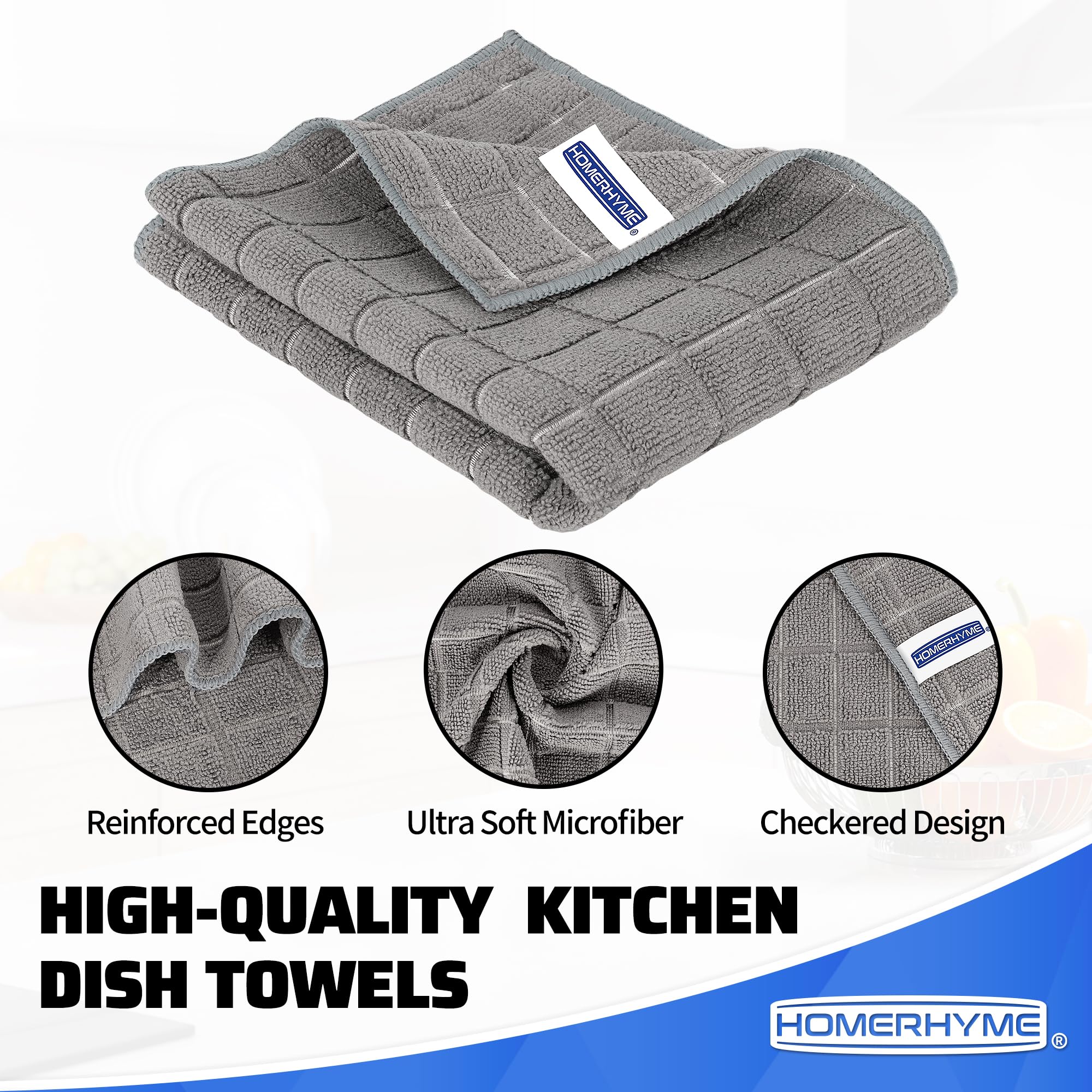 HOMERHYME Toallas de cocina, paquete de 8 paños de microfibra, color gris, multiusos, de secado rápido, reutilizables, sin pelusa y súper absorbentes, para bar, tienda, cocina y hotel, 25 x 15
