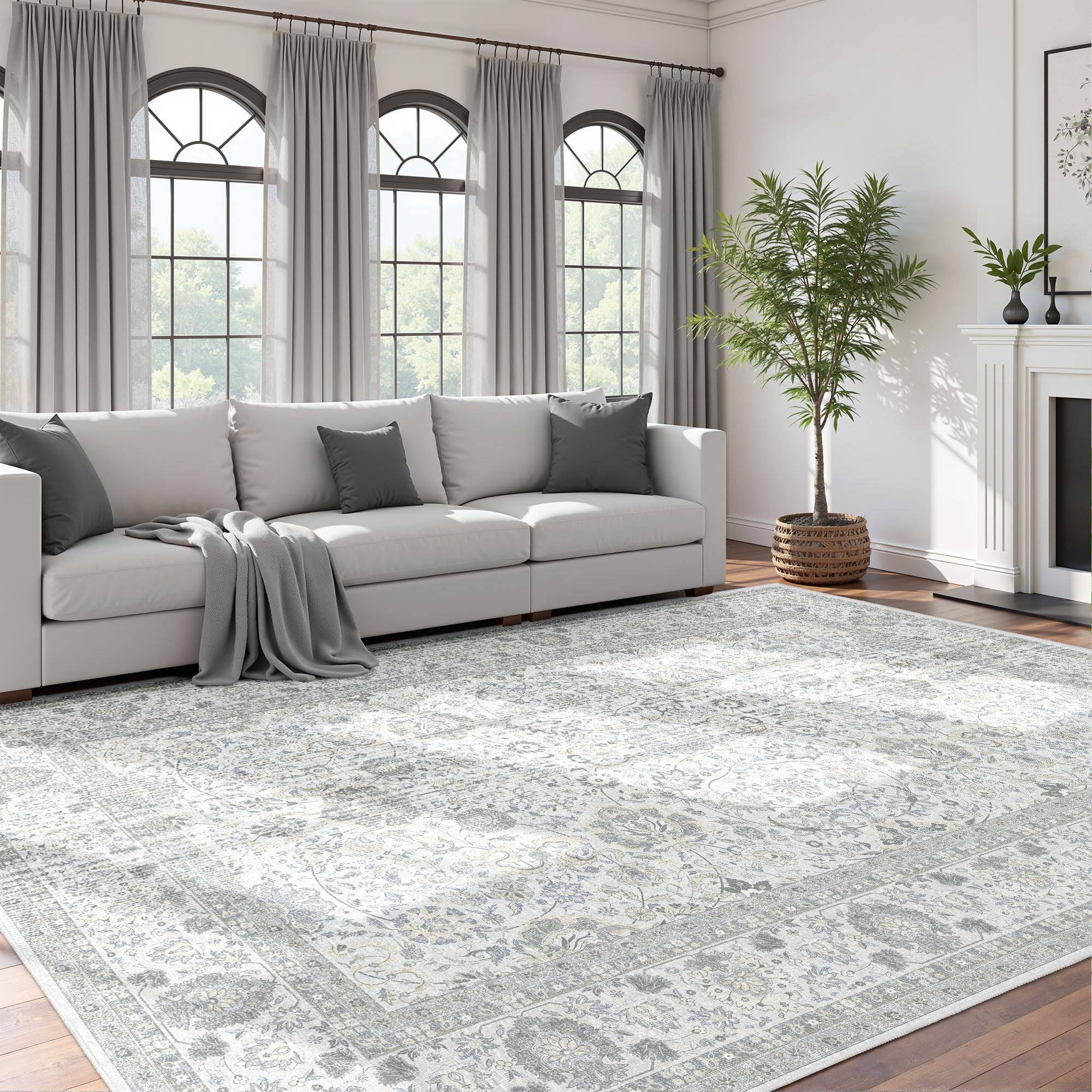 Neutral Area Rugs 8x10 for Living Room Vintage Rug Boho Floral Modern Washable Area Rug with Non-Slip Backing Large Carpet for Bedroom Dining Room