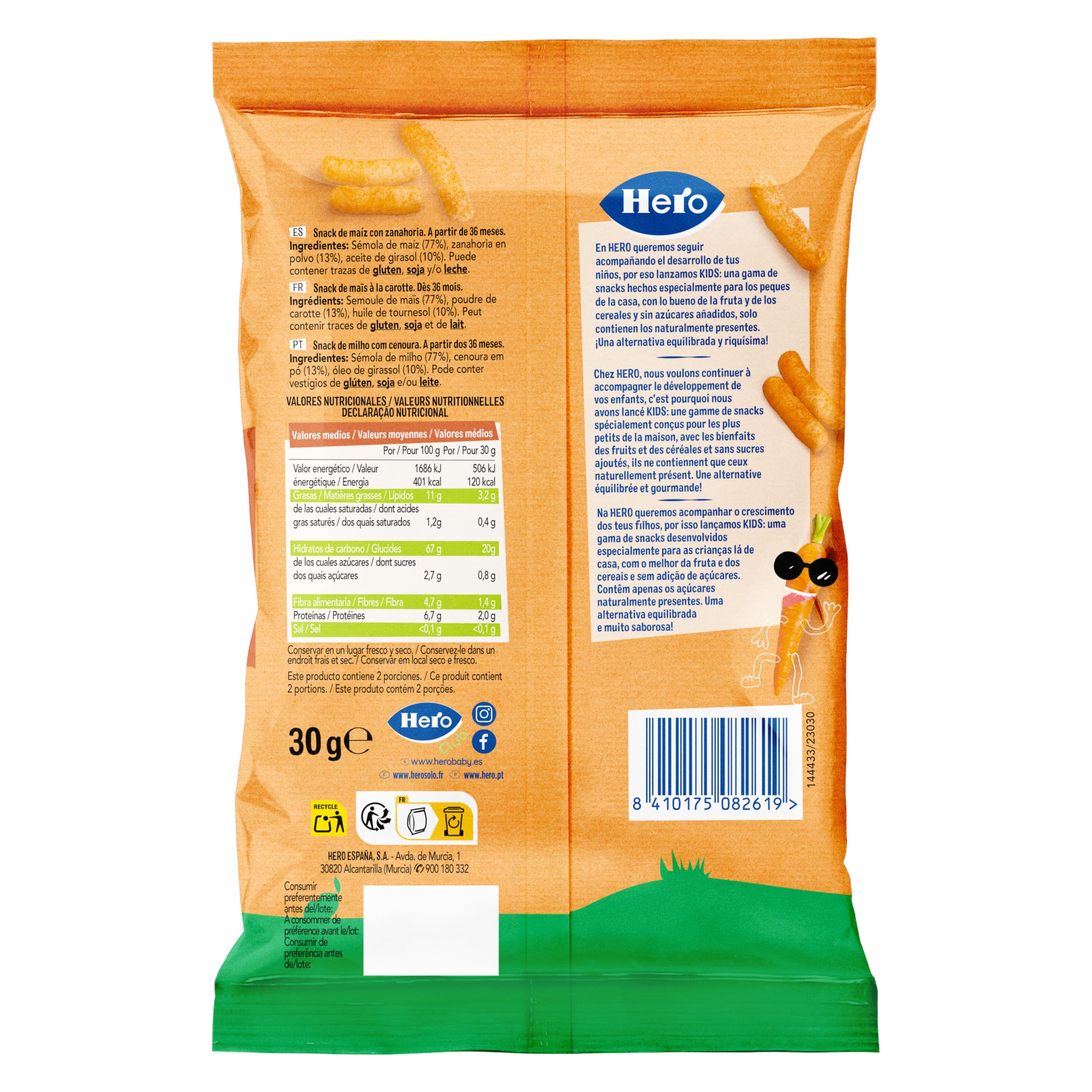 Hero – Snack Bâtonnets Carotte, Sans sucre, gluten, huile de palme ni allergènes, origine naturelle, produit écologique – Pack de 9x30 g