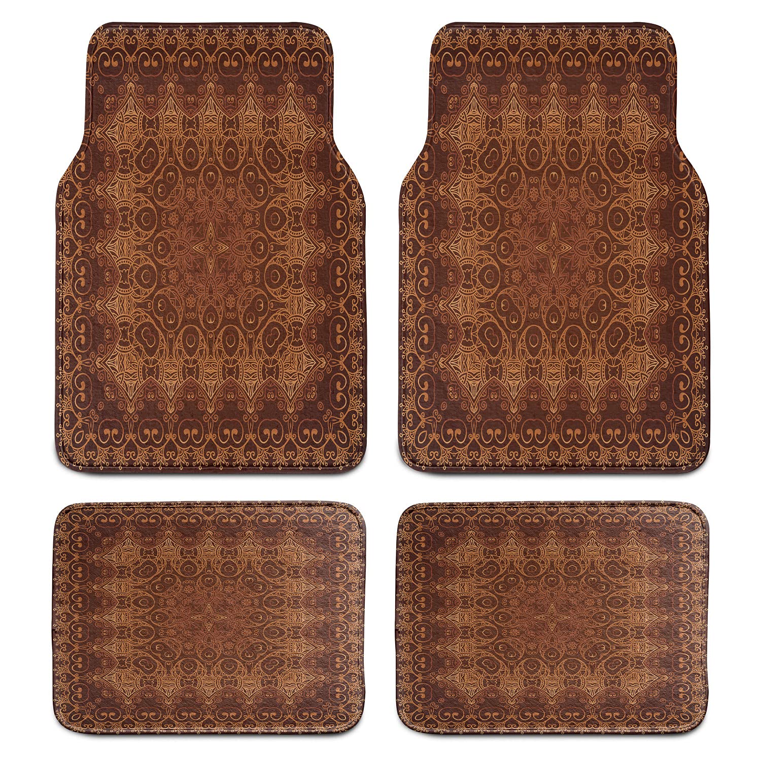 AmbesonneAntique Car Mat Set of 4, Vintage Lacy Persian Pattern from Ottoman Empire Palace Carpet Style Art, Front & Back Seat Floor Mat Durable PVC Backing Car Accesory, Orange Brown