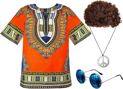 Miniatura 1 de Conjunto de disfraz hippie de los años 70 para hombre camisa hippie peluca marrón lentes de sol signo de la paz collar