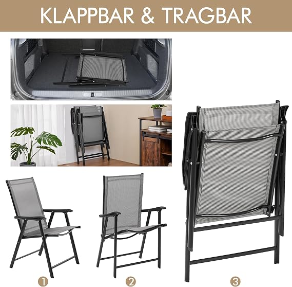 Yaheetech Set of 4 Garden Chairs High-Backed Folding Chairs Patio Chairs with Backrest and Armrests Foldable Outdoor Chairs Dining Chairs Maximum Load 150 kg Grey