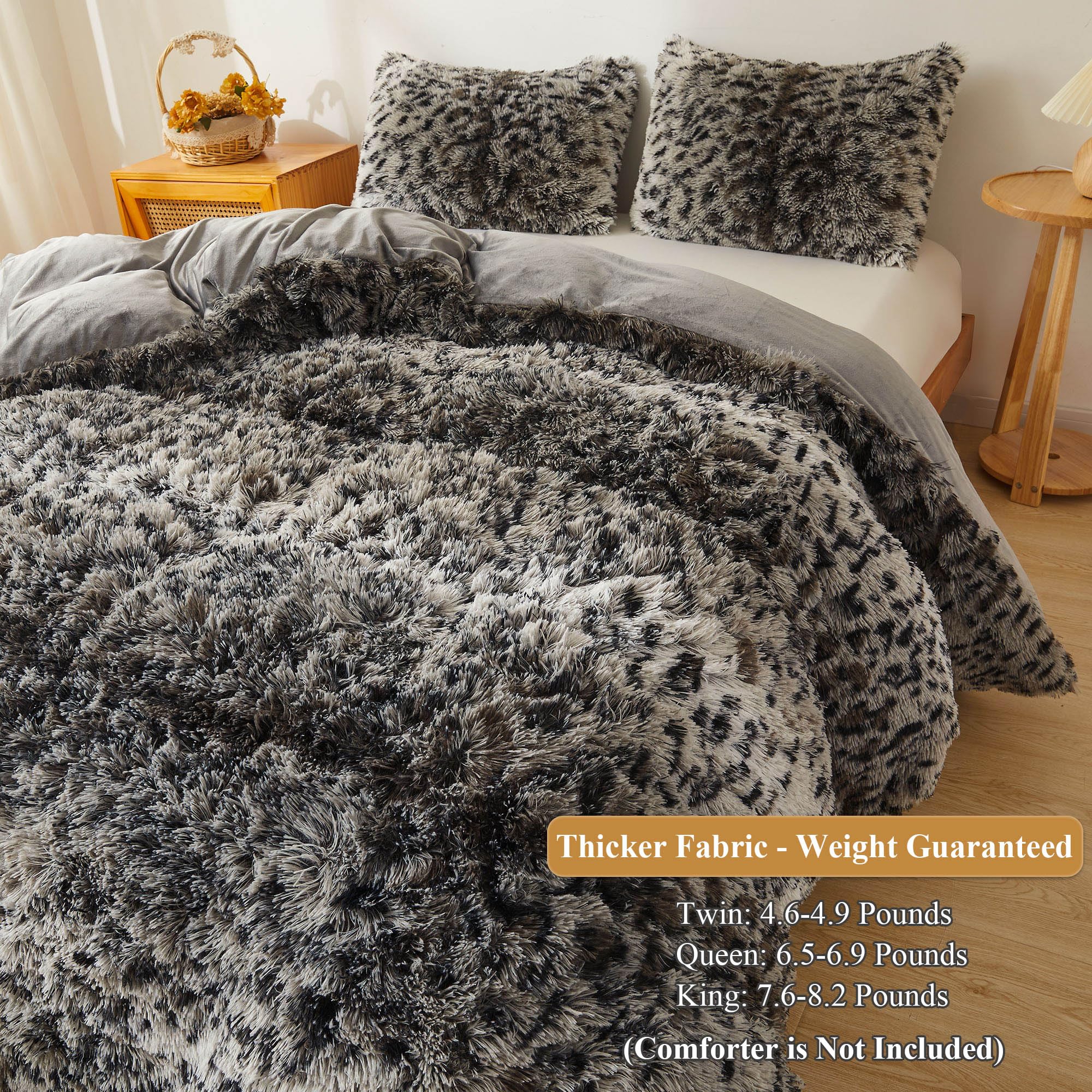 XeGe Tiger Print Fluffy Faux Fur Duvet Cover Set, 3 Pieces Soft Plush Shaggy Fuzzy Bedding Set(1 Farmhouse Comforter Cover + 2 Furry Pillow Cases), Zipper Closure(Queen, Tiger Print Brown)