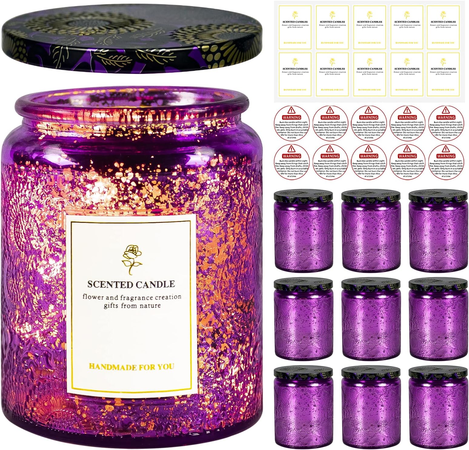 8.8oz Embossed Blinking Glass Candle Container, 9 Pack Electroplated Shining Candle Jar with Embossed Lid for Candle Making DIY Craft (Purple Embossed)