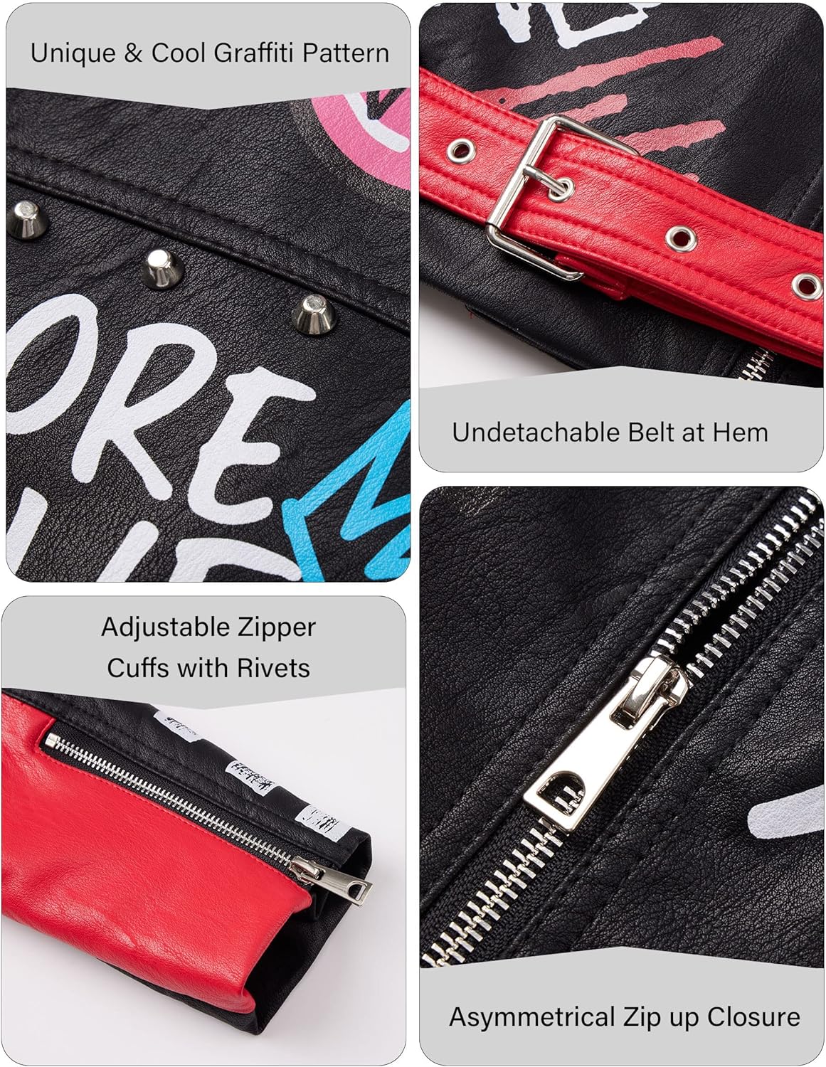 RISISSIDA Women Faux Leather Jacket Studded Rivet Spring Fall Fashion, Hip-Length Moto Biker Trendy Clothes Streetwear Belted - Image 4