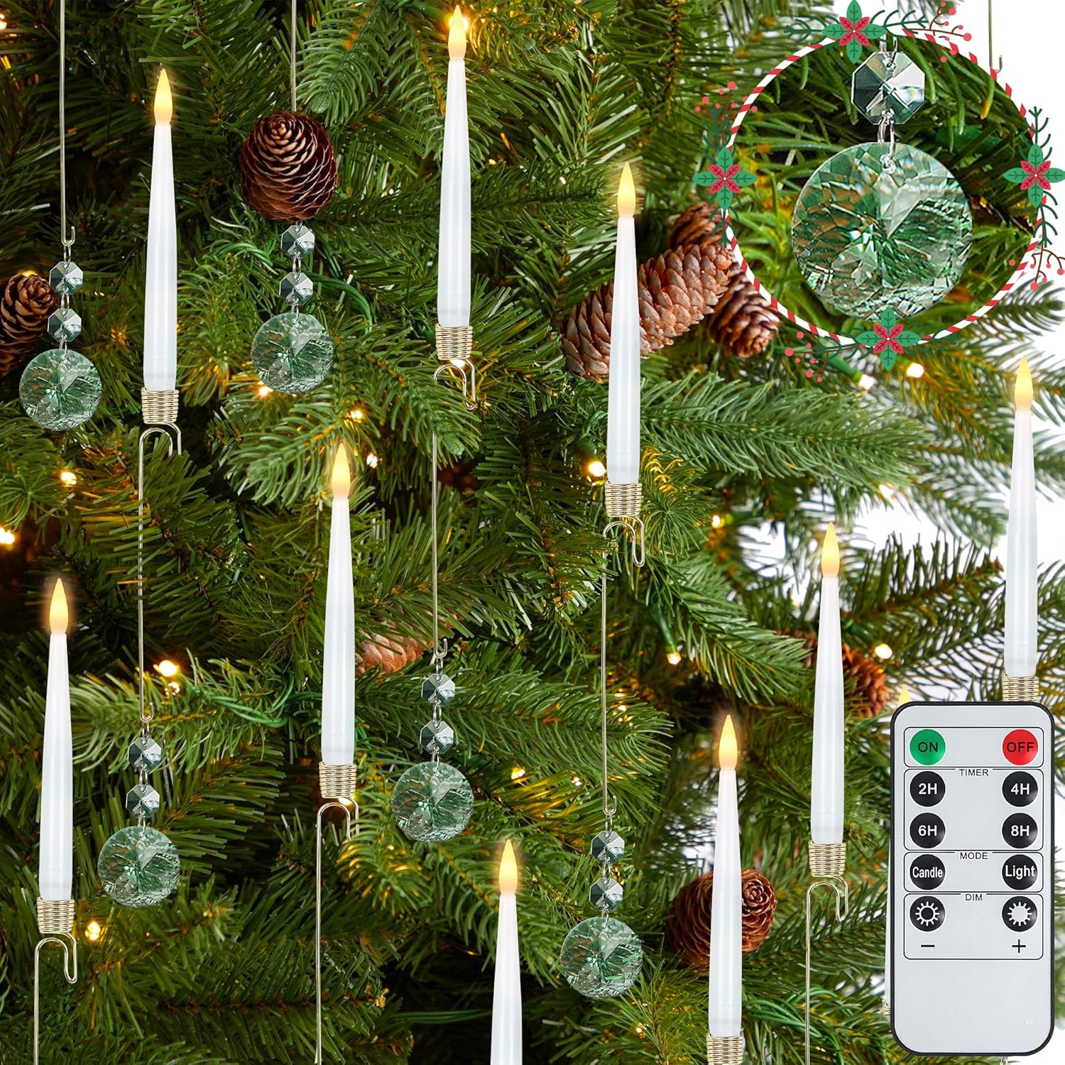LACGO Christmas Tree Candles with Remote, 12 Pack Battery Operated Christmas Candles, LED Candlesticks for Xmas Tree Decoration, Flickering Flameless Candle for Home, Party Decor with Crystal Hooks