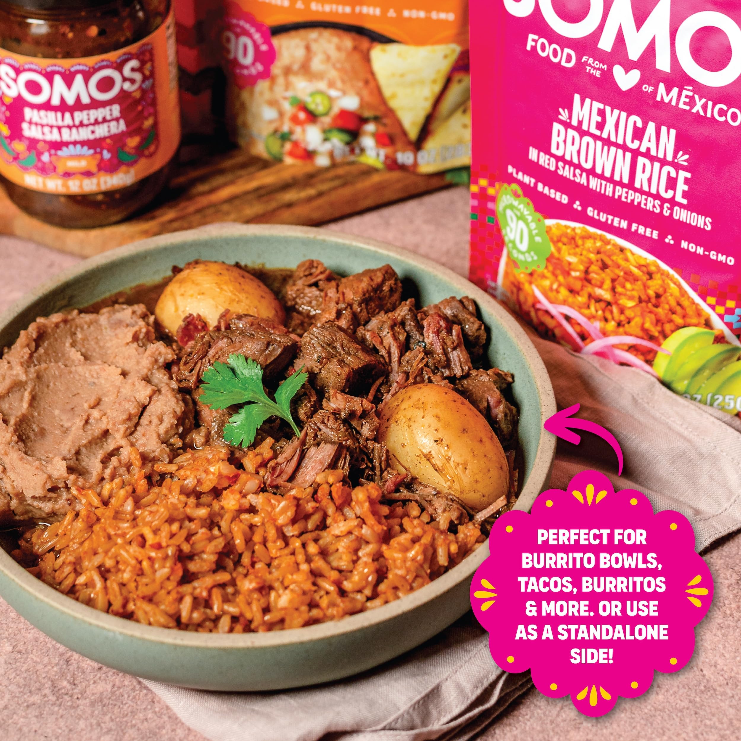 SOMOS Mexican Brown Rice - Gluten Free, Non-GMO, Vegan & Microwavable Meals Ready to Eat - Delicious, Healthy & Convenient - Perfect for Burrito Bowls, Tostadas & More | 8.8 oz (Pack of 6)