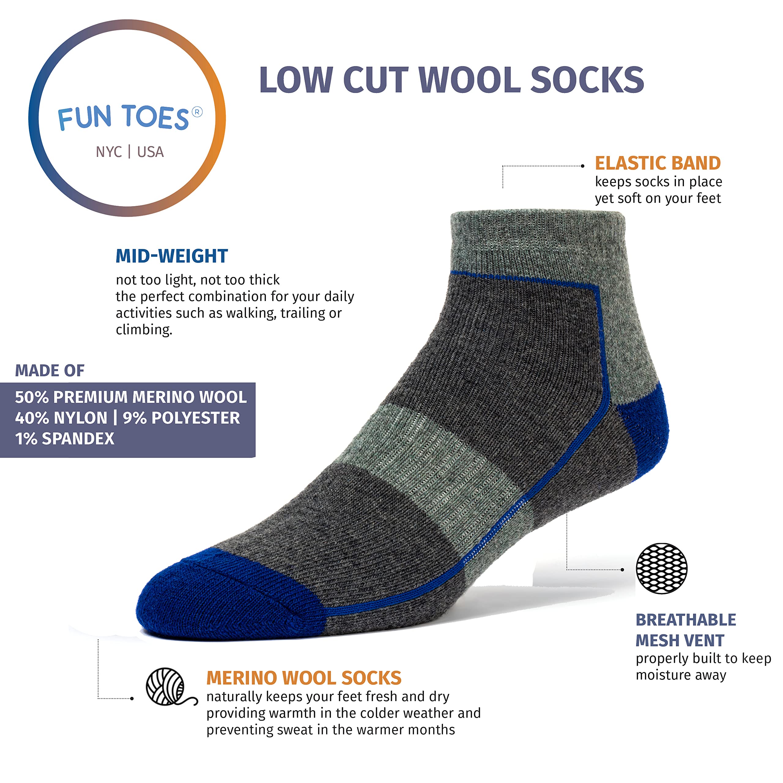 Fun Toes, calzini da uomo in lana merino a taglio basso, supporto per arco plantare, fondo imbottito, ideale per escursionismo e trekking, 6 paia - Grigio -