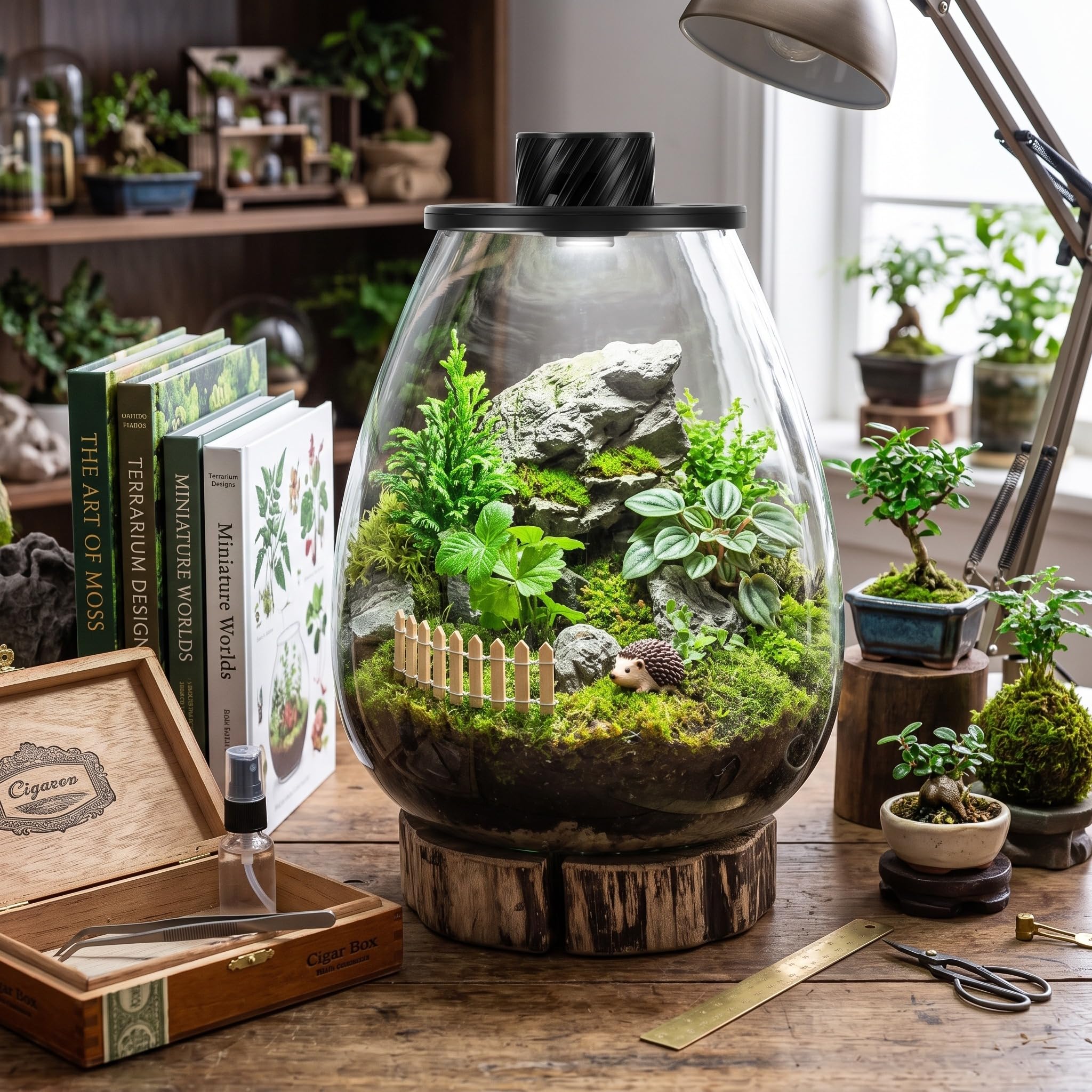 Maxdot Kit terrario per piante in vetro con luce a LED, terrario da scrivania per trappola per mosche Venus, piante grasse, muschio e giardino in miniatura, vaso da tavolo in vetro borosilicato per