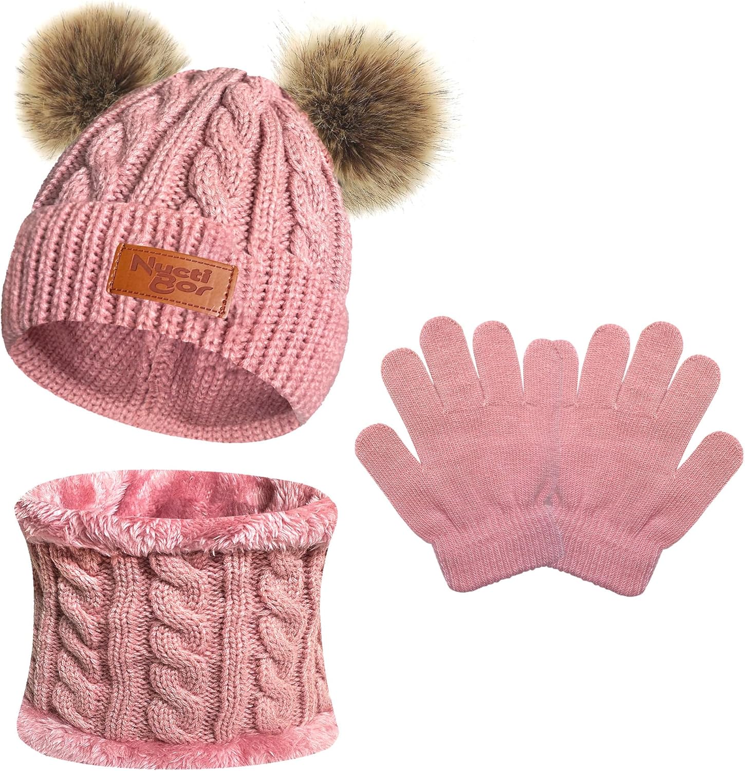 Toddler Kids Winter Hat Gloves Scarf Set, Warm Knit Boys Girls Hats Pompoms Beanie Caps Neck Warmer with Fleece Lined Gifts