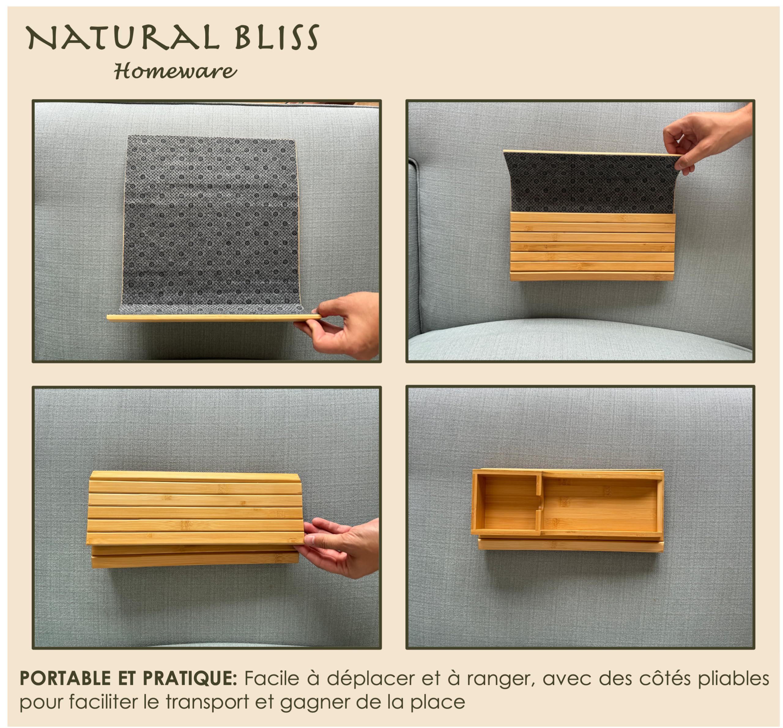Natural Bliss – Table d’appoint en Bambou pour Accoudoir Canapé | Plateau Repas Antidérapant, Pliable et Réglable pour Tasse | Organisateur & Porte Télécommande et Téléphone