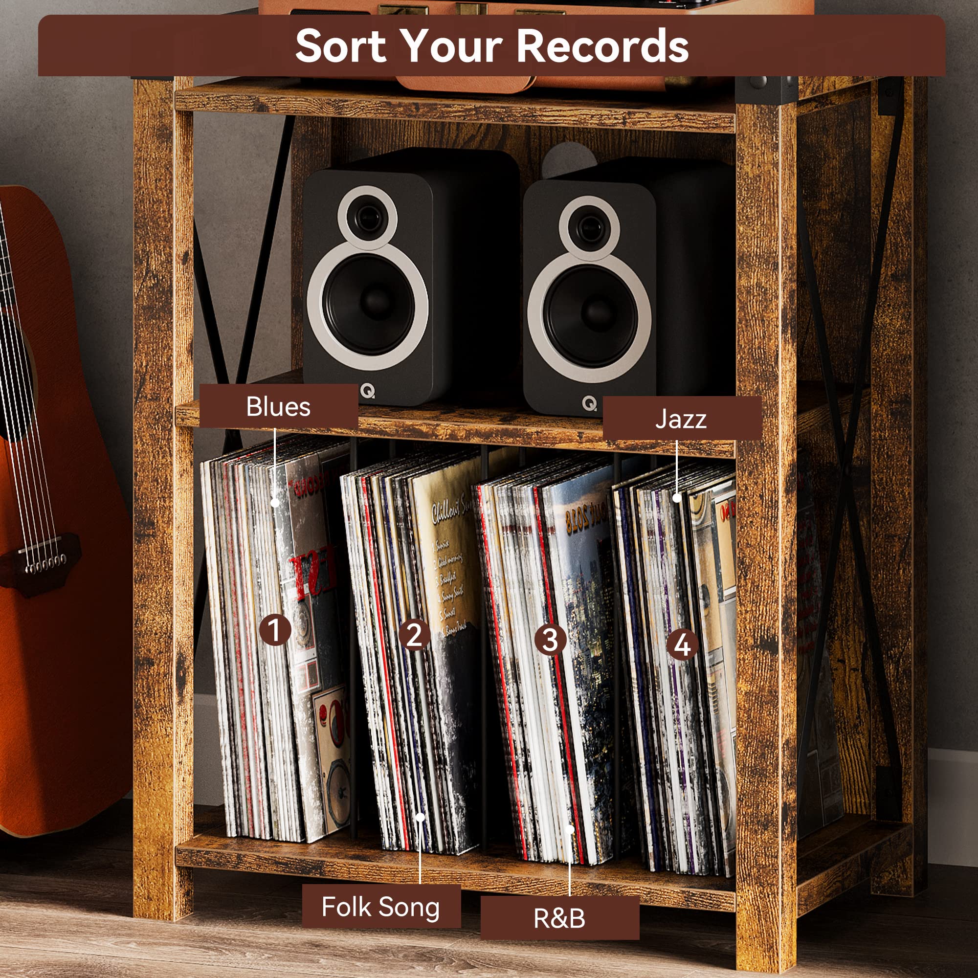 IDEALHOUSE Record Player Stand with Storage, Vintage Wooden Turntable Stand with X Metal Frame, 3-Tier Rustic Record Player Side Table for Living Room, Bedroom, Office - Rustic Brown