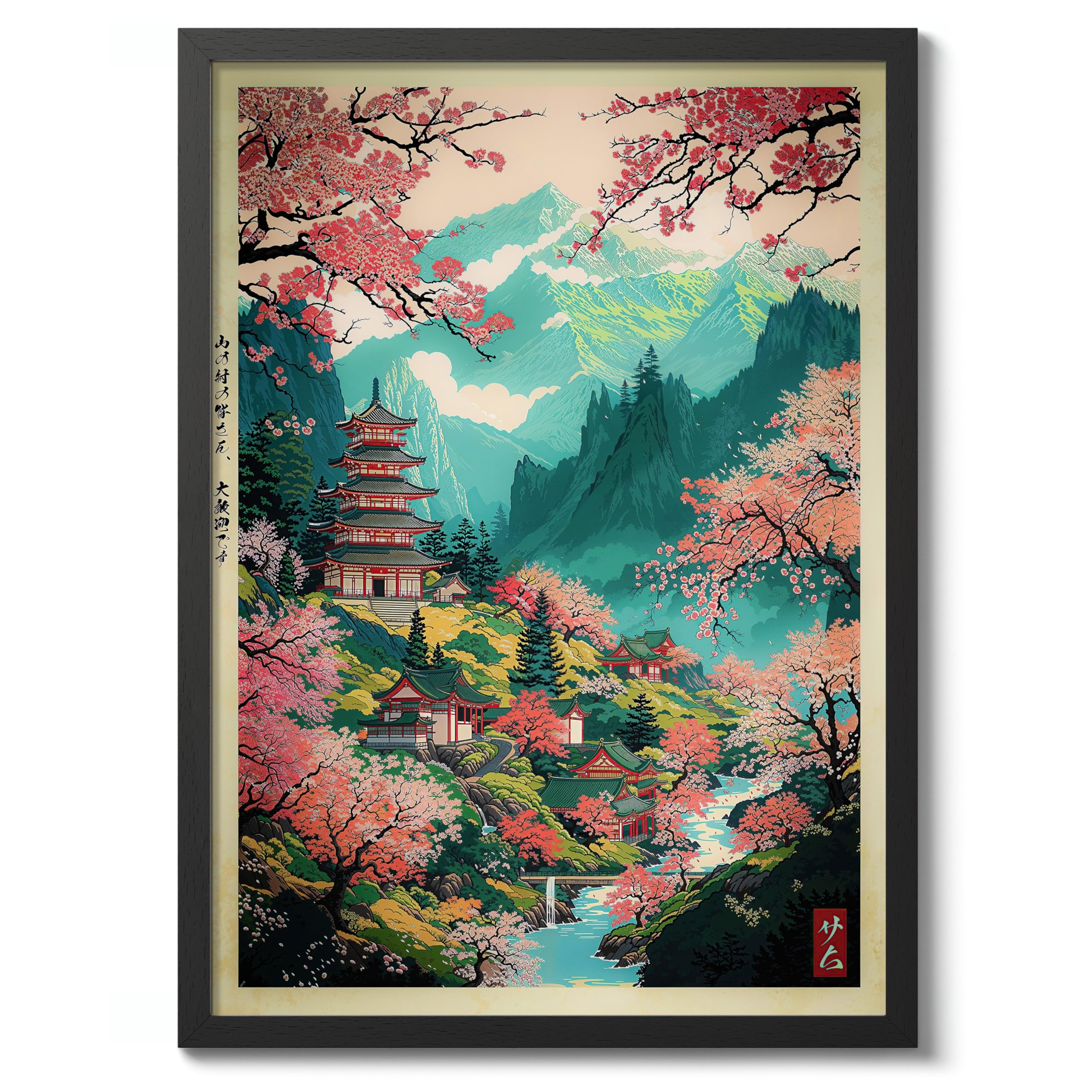 Pagoda At Mount Yoshino Anime Woodblock Poster Modern Ukiyo-E, Japanese Cartoon Illustration Print, Archival Matte, A4 (Black Frame) - 29.7x21cm