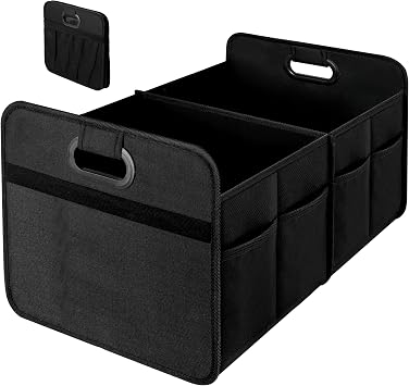 YSSOA 2 Compartments Car Trunk Organizer, 600D Oxford Polyester Car Storage, Anti-slip 14" D x 22" W x 12" H Collapsible Trunk Storage, Suitable for SUV, Minivan, Truck, Black New