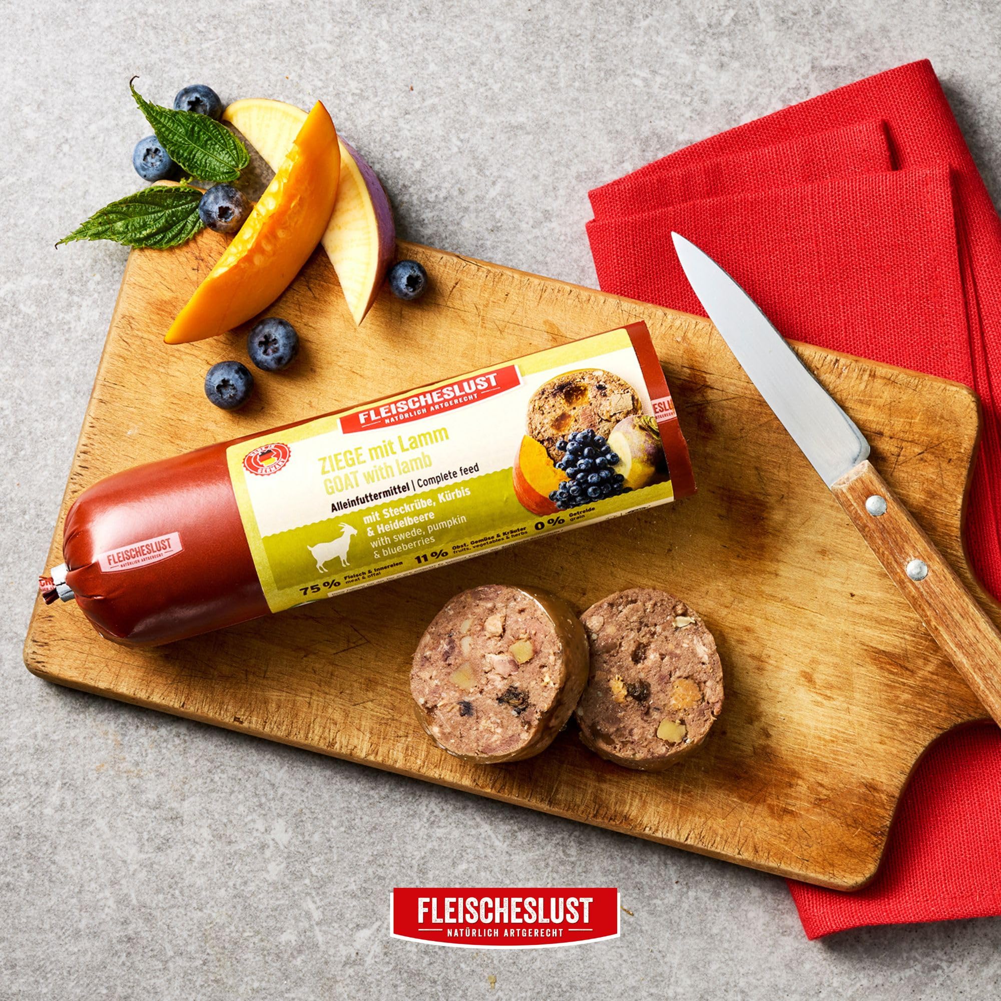 Fleischeslust Salchicha para perros | cabra y cordero con colinabo, calabaza y arándano, caja de alimentos (6 x 800 g) | comida húmeda | resistente a los cortes | sin cereales | pienso completo para