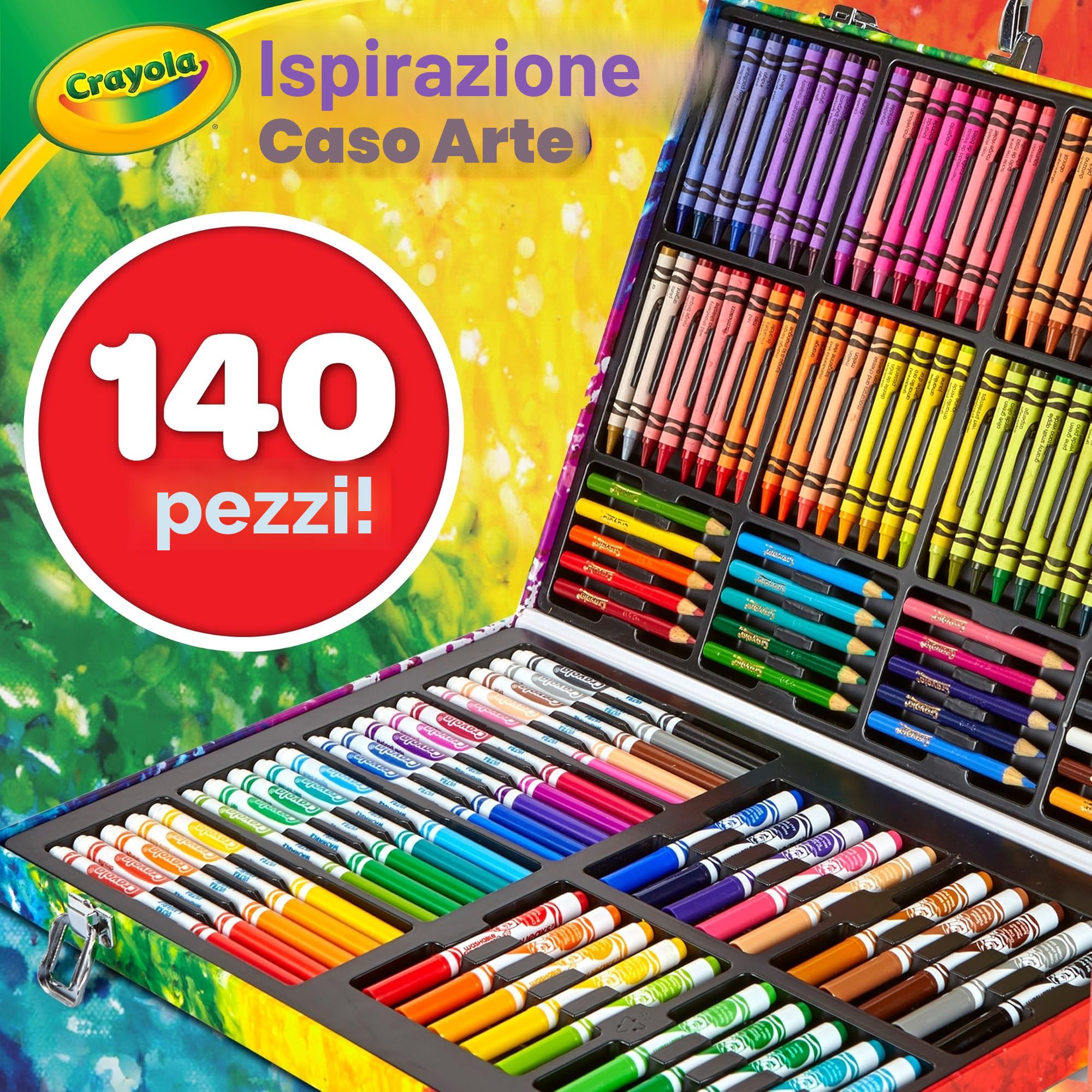 CRAYOLA Valigetta Colori Arcobaleno 140 Pezzi Kit Creativo Pennarelli Matite Colorate Pastelli a cera 5-10 Anni