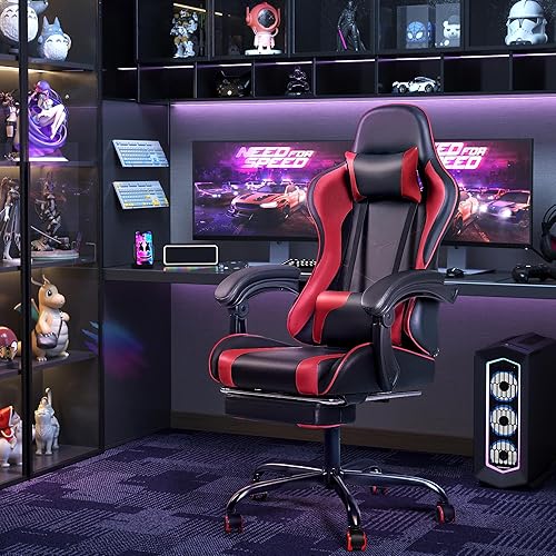 Vista 9 de Furmax Silla para videojuegos, silla de videojuegos con reposapiés y soporte lumbar de masaje, asiento giratorio de altura ajustable, silla