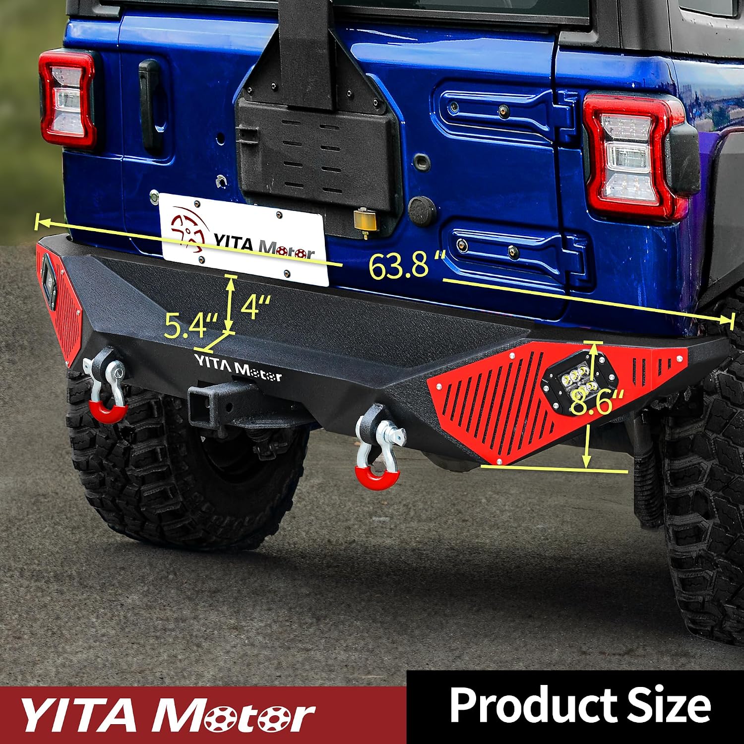 YITAMOTOR Rear Bumper Compatible with Jeep Wrangler 2018-2026 Jeep Wrangler JL & Unlimited (2/4 Doors), Off Road Back Bumpers w/ 2" Hitch Receiver, D-Rings & 2x Square LED Lights, Textured Black