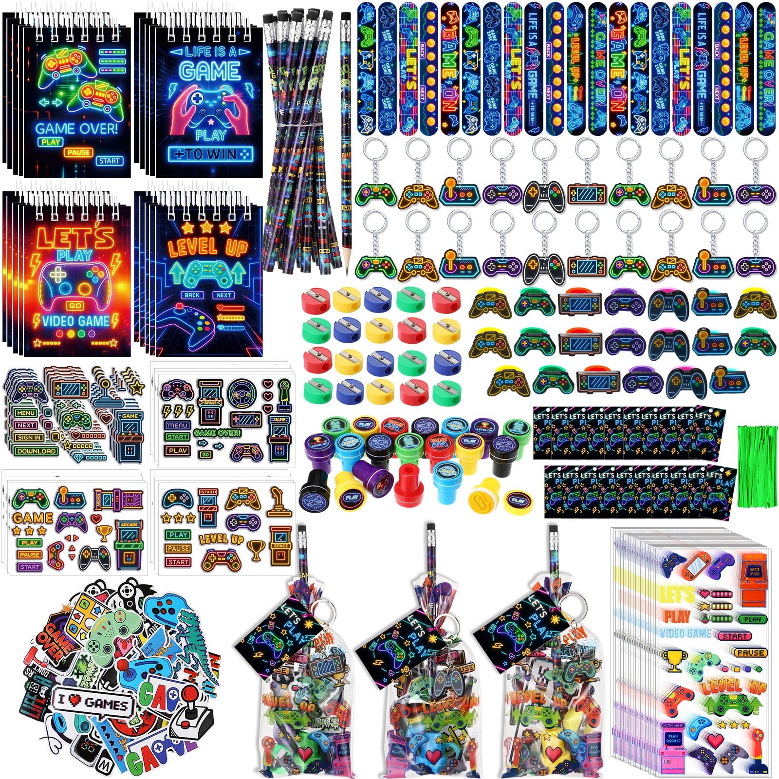 Sayglossy Set da 171 bomboniere per videogiochi, include sacchetti regalo, matite, temperamatite, bracciali, anelli, portachiavi, adesivi 3D gonfi con timbro per gamer, bomboniere di compleanno (neon)