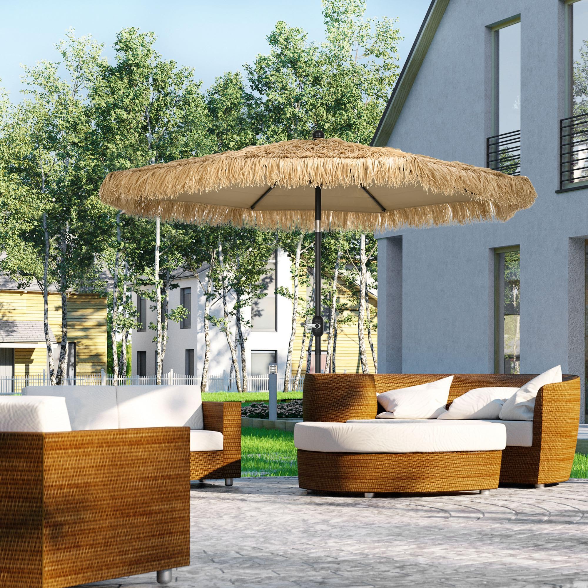 Outsunny Ombrellone da Giardino 2.6x2.6m Inclinabile con Manovella Cachi | Reclinabile, Ombrellone da Esterno Rotondo Hawaiano, 8 Stecche, Alluminio e Poliestere, per Cortile Balcone Terrazzo