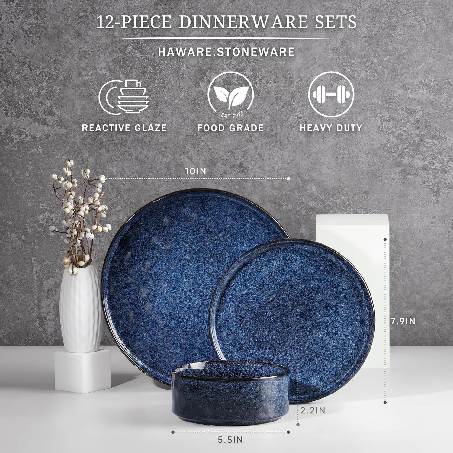 HaWare Dinnerware Sets, 12-Piece Plates and Bowls Set, Stoneware Dish Set for 4, Ceramic Dinnerware for Home Restaurant, Chip and Scratch Resistant, Microwave and Dishwasher Safe, Reactive Starry Blue - Image 2