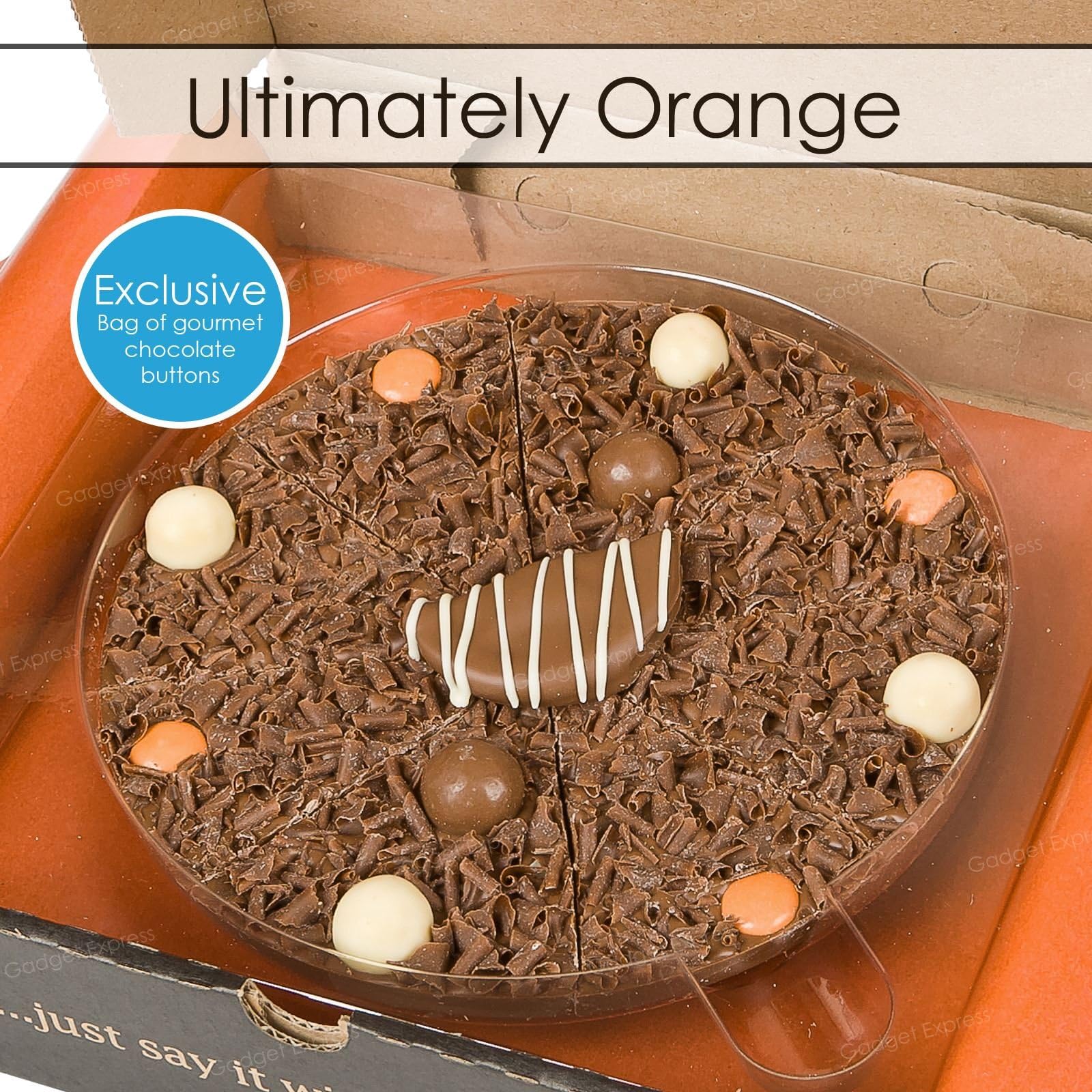 7 Inch Ultimately Orange Chocolate Pizza Surprise Exclusive Bag of Gourmet Belgian Milk Chocolate Buttons - Gourmet Chocolate Pizza Company