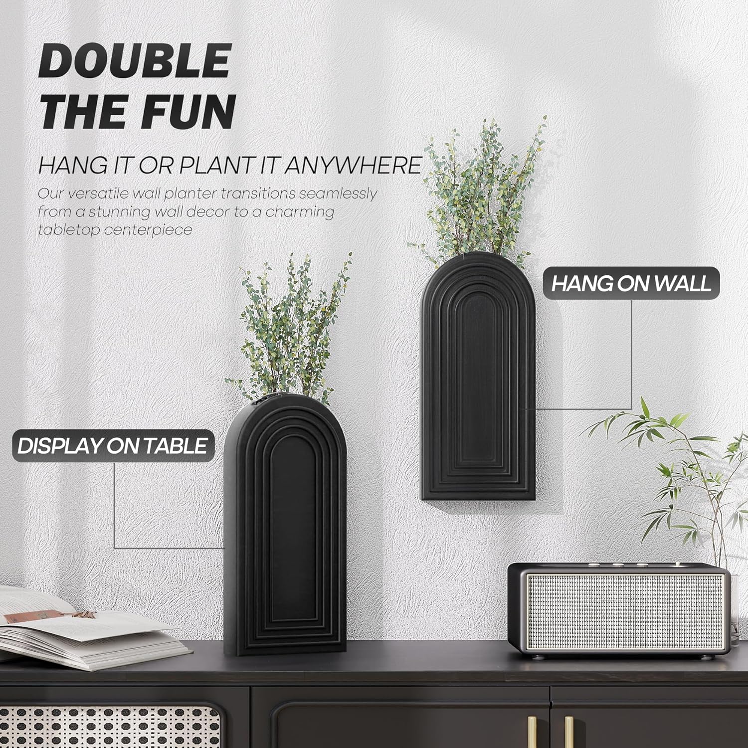 EOSAHR Pine Wood Wall Vases Set of 2 – Modern Wall Decor & Hanging Planters for Indoor Plants – Boho Home Decor Accent with Rustic Charm for Living Room, Kitchen & Bedroom (Black)