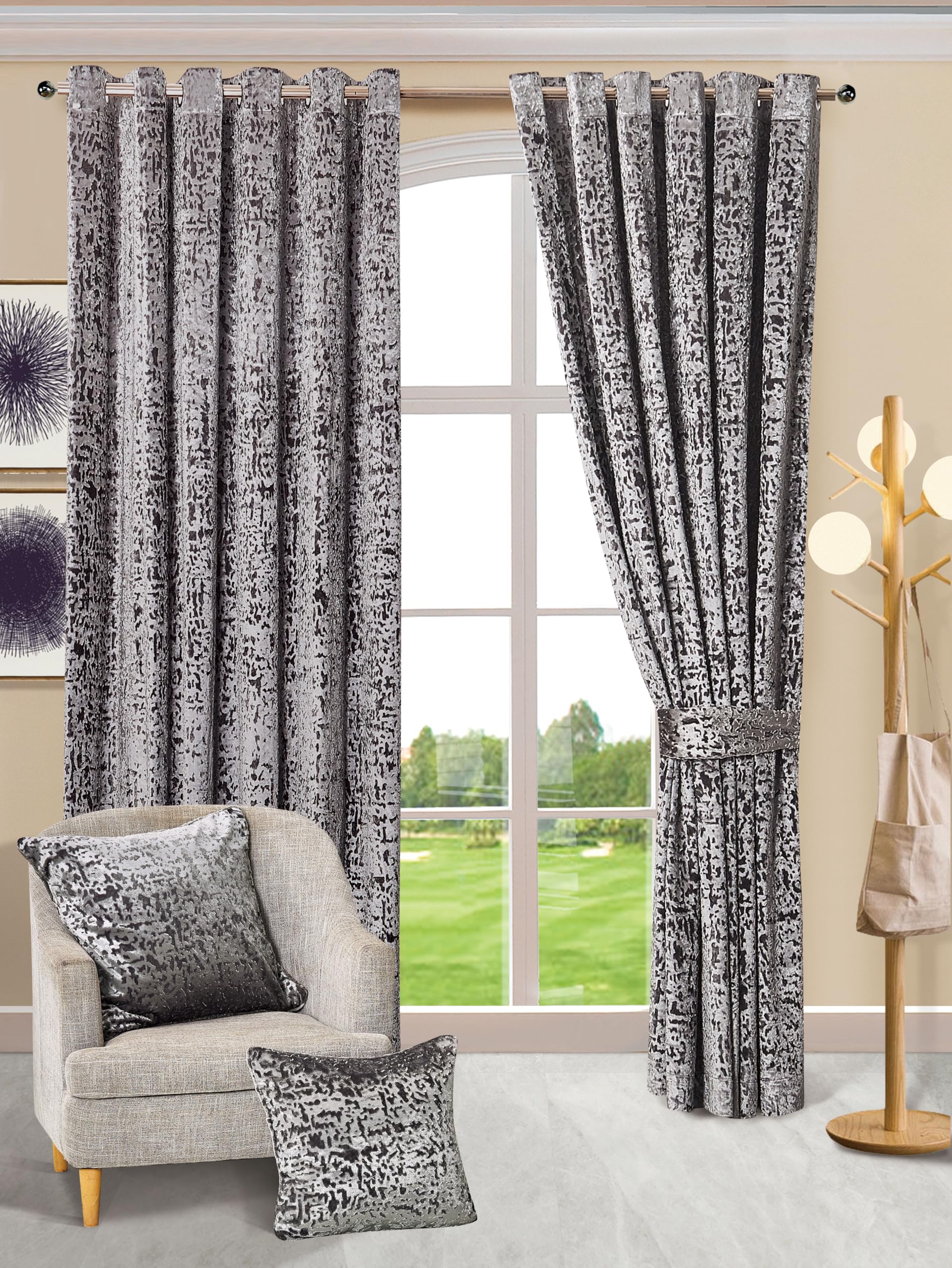 Best Linen Crushed Velvet Curtains for Living Room, Bed Room, Home & Office Ring Top Curtains Pair Panels Santiago Modern Drapes (W 90 X L 54, Silver) — image 1