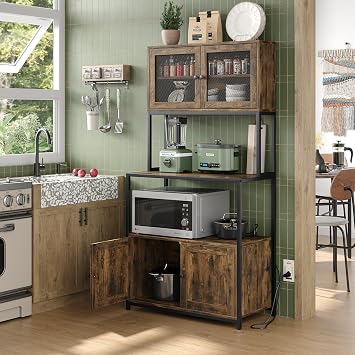 Furniouse 6-Tier Kitchen Bakers Rack with Power Outlet, Industrial Microwave Oven Stand with Shelves, Dust Prove Door, Standing Storage Rack Rustic Brown