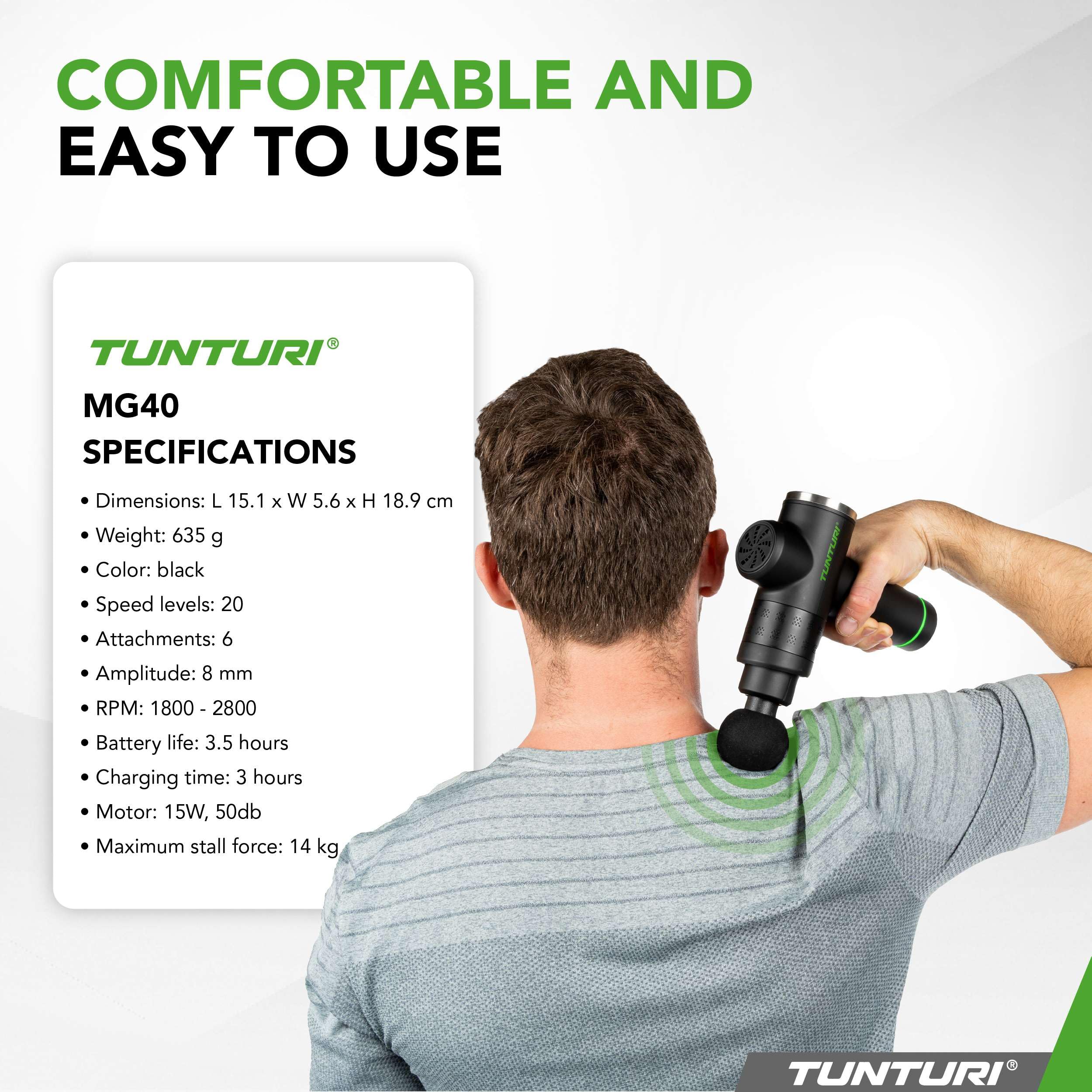 Pistolet de Massage Tunturi MG40 – Appareil de Massage avec Multi-Poignée – Inclus 6 embouts et valise – Extra puissant et silencieux – Incl. application gratuite