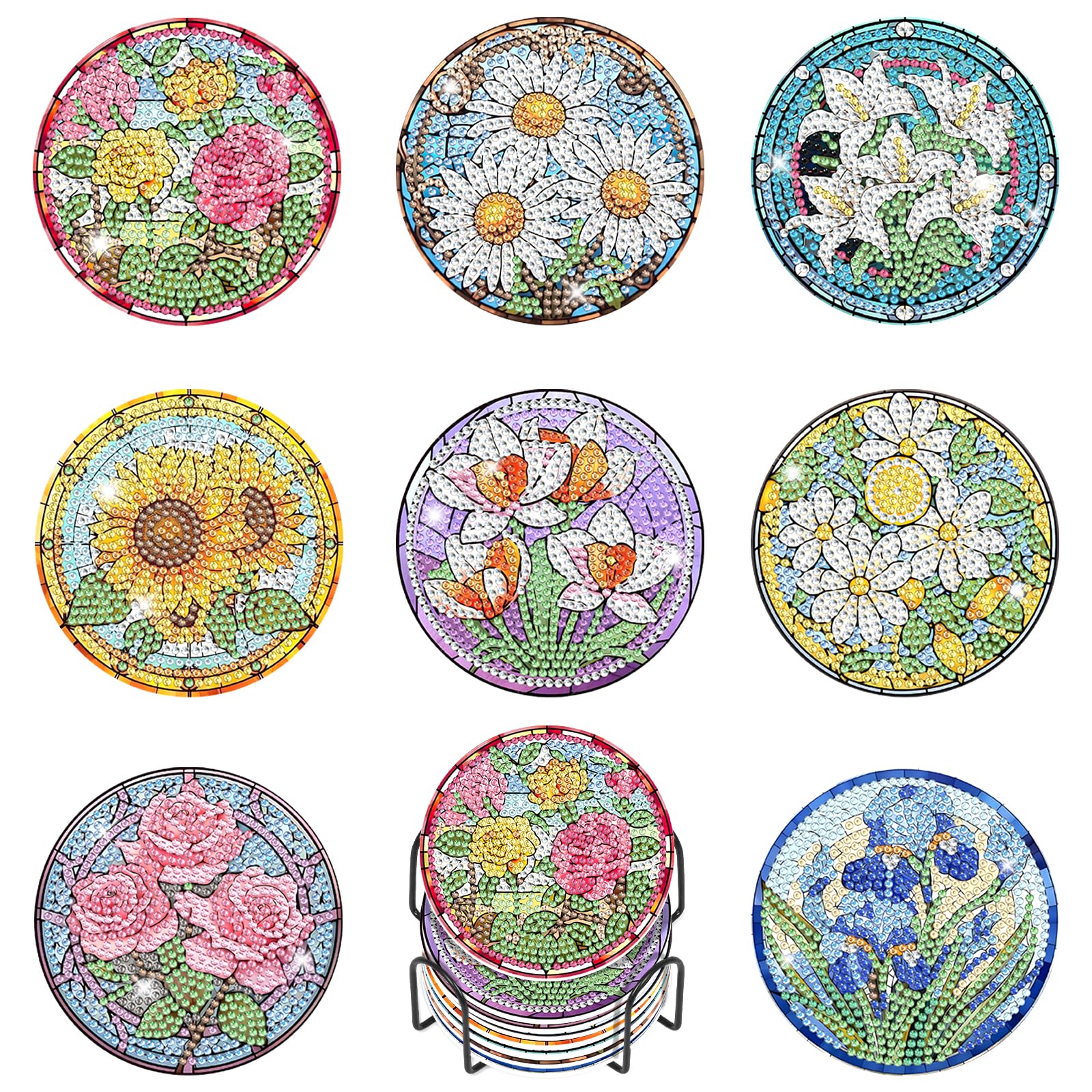 Kalonyth 8 Pcs Flowers Diamond Art Coasters Kits with Holder Cork, 4x4in