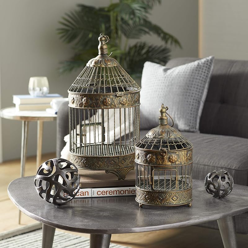 Gaiolas decorativas para aves em ferro trançado com acabamento bronze deco 79, conjunto com 2