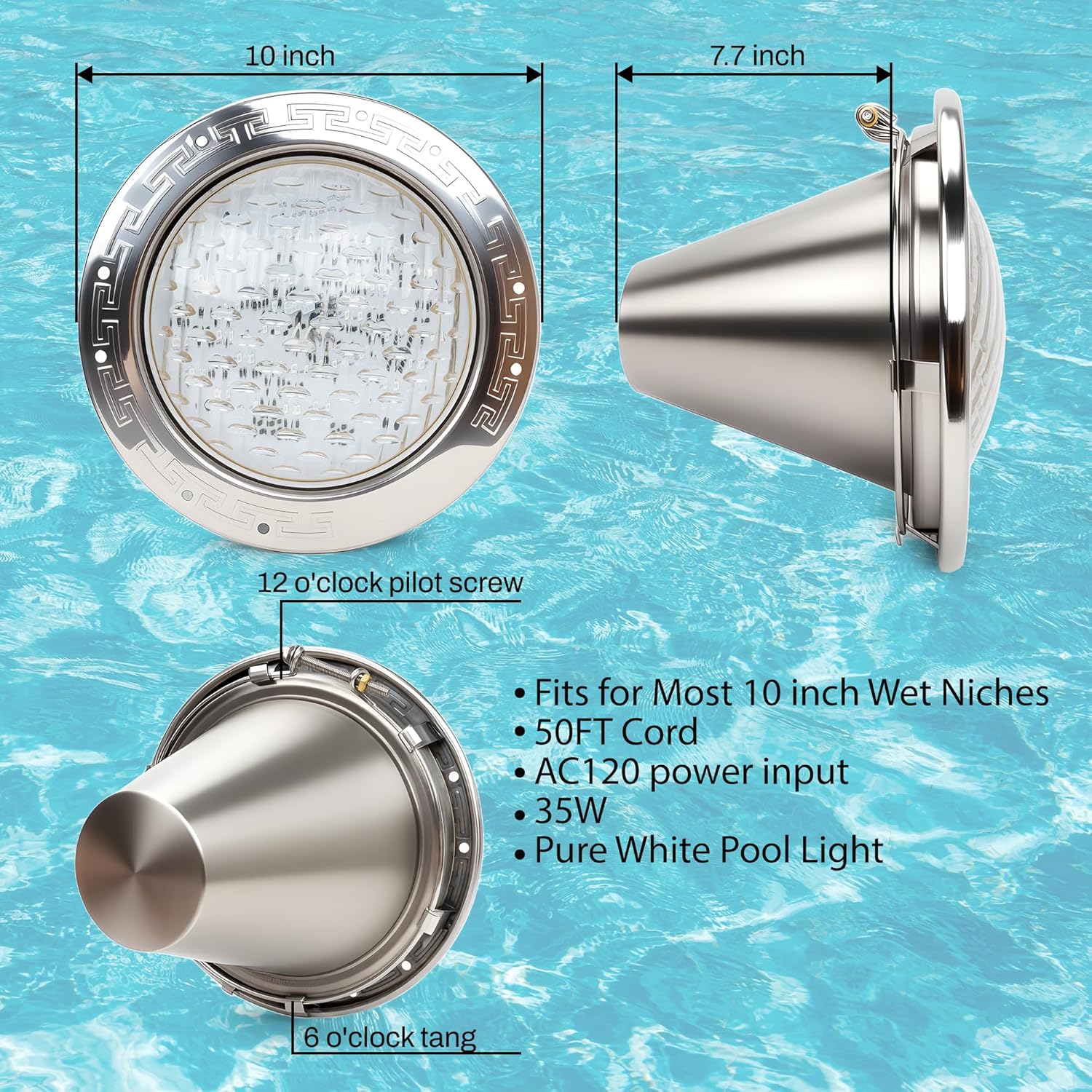 led pool lights for inground pools, 120v pool lights white, 10 inch inground pool light 120v suitable for 10 inch wet niche, underwater pool light, 35w, 50 foot cord 50 ft