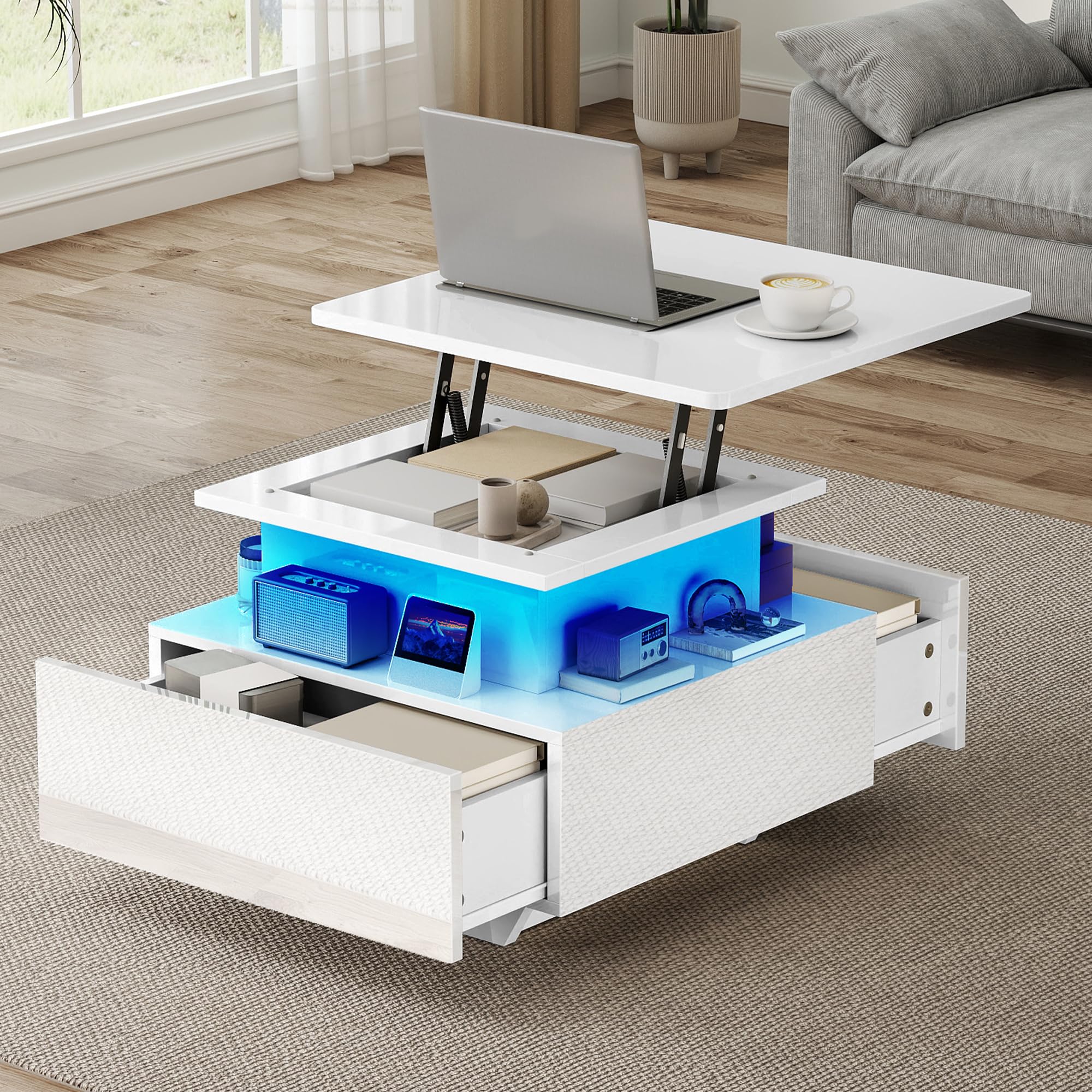 DWVO Table Basse avec LED, Hauteur Réglable, Blanc Laqué Moderne, avec Rangement et Tiroirs pour Salon, 60x60x45-58 cm