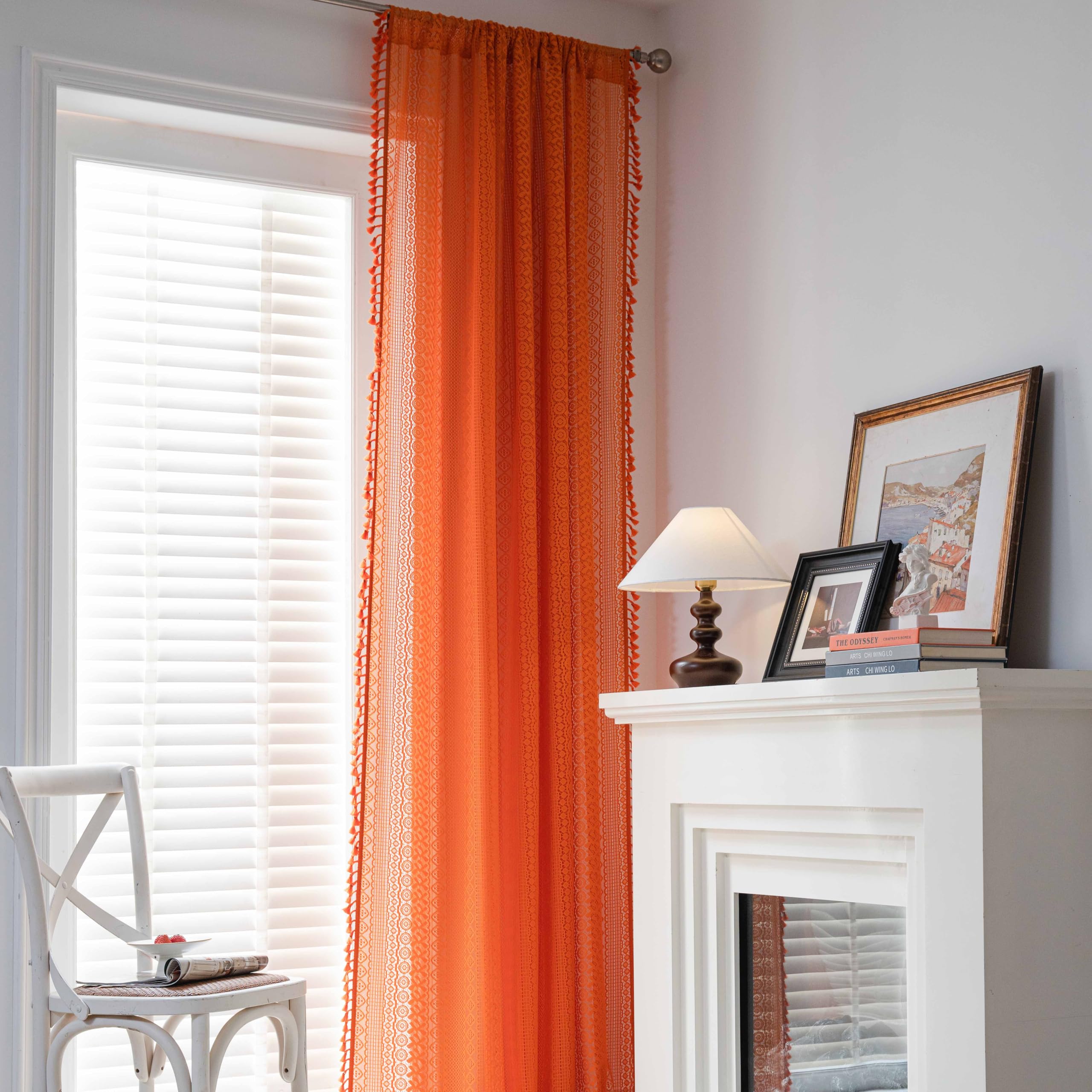 Rideau en crochet orange transparent et ajouré, panneau déco 150x160 cm