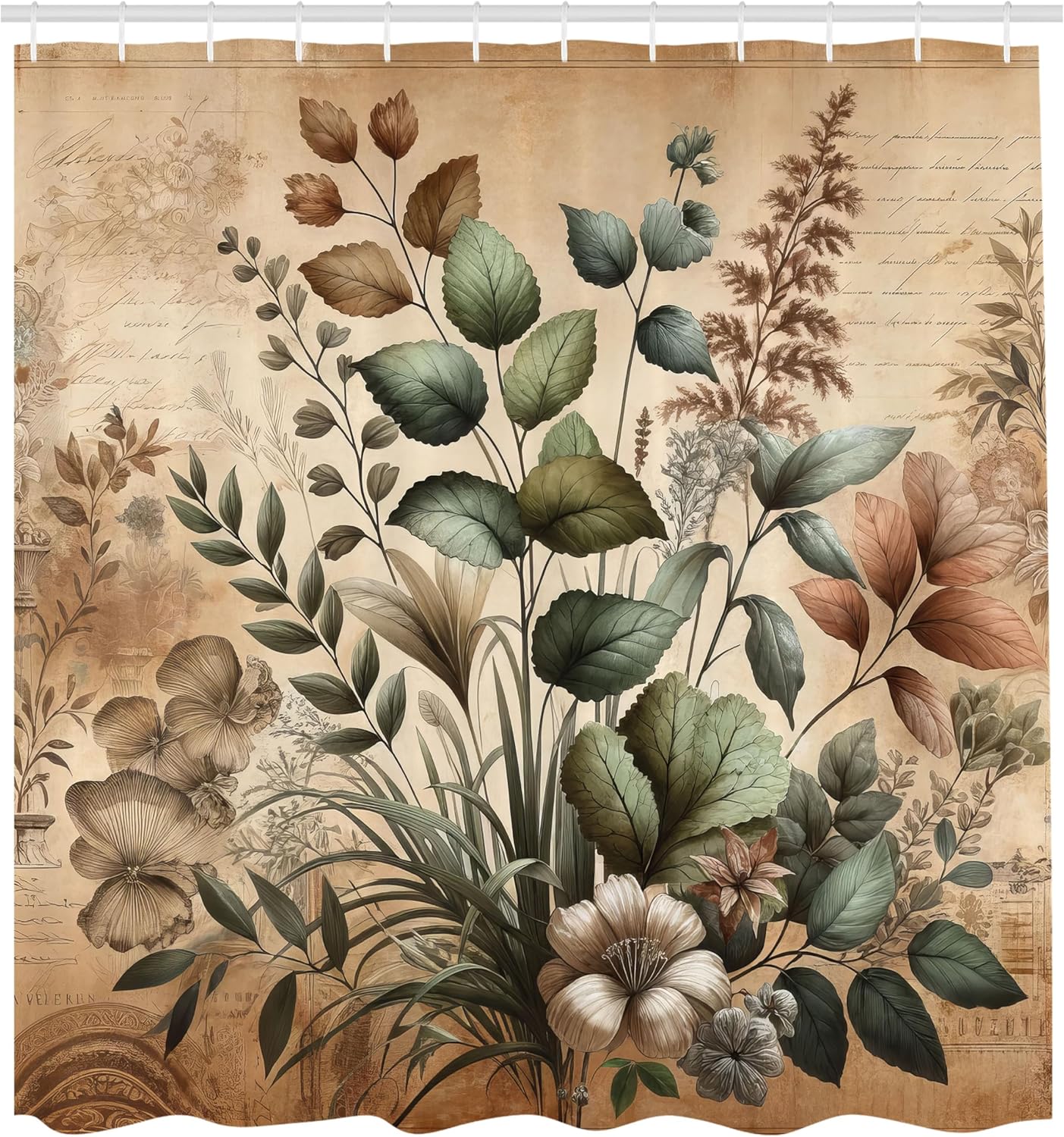 Ambesonne Vintage Shower Curtain, Medieval Botany Art Inspired Leafy Garden Huddle on Earth Tone Back, Cloth Fabric Bathroom Decor Set with Hooks, 69" W x 70" L, Laurel Green Sand Brown