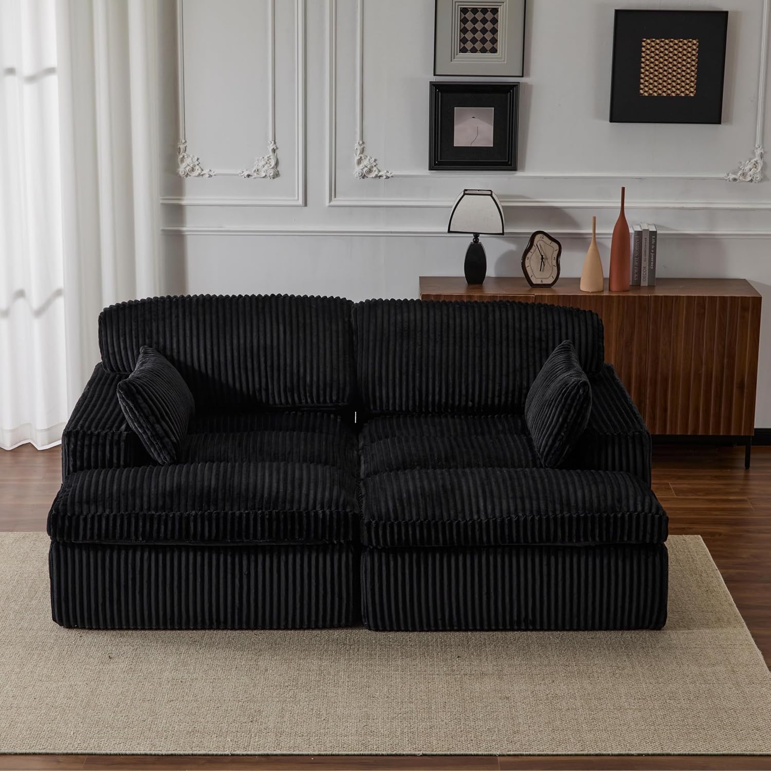 82"W Double Cozy Chaise Lounge Chair, Oversized Boneless Corduroy Upholstered Sleeper Sofa with Back Pillows and Wide Armrests, for Living Room, Bedroom, or Apartment, No Assembly Required, Black