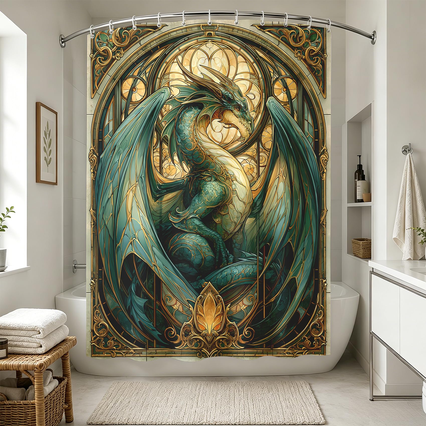 Rideau de douche dragon vert 90x180 cm en tissu polyester hydrofuge pour baignoire médiévale