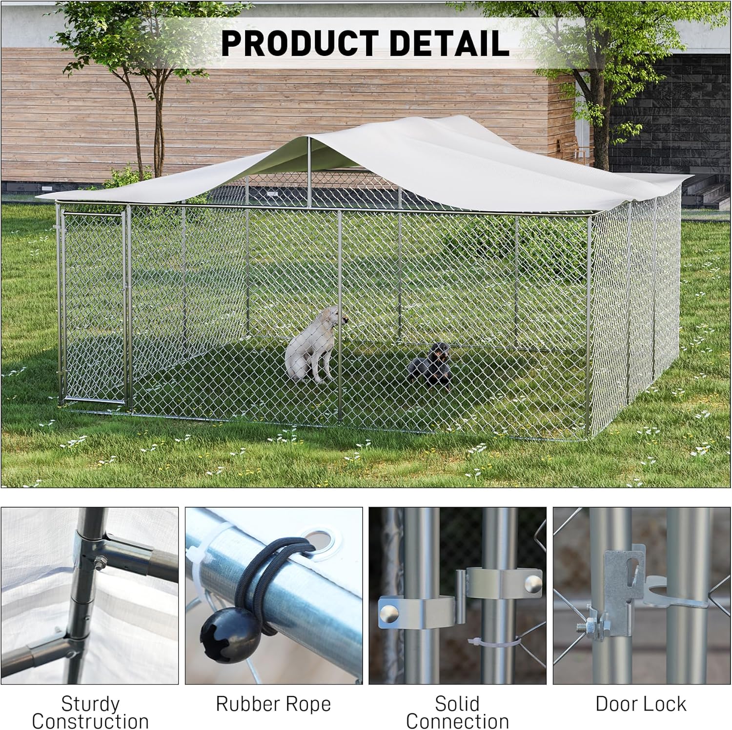 OUYESSIR 15x15x8 FT Large Dog Kennel Outdoor Dog Runs with UV Protection Waterproof Cover and Roof, Heavy Duty Dog Pens with Secure Lock