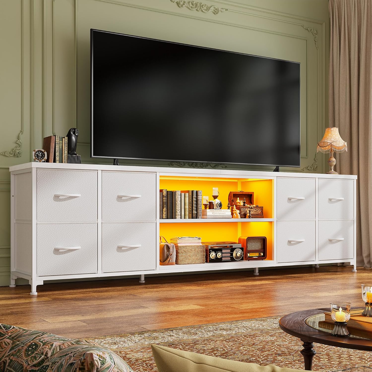 Romorgniz 63" W TV Stand for 65 75 Inch TV with Lights & Power Outlets, 8 Fabric Drawers TV Stand for Bedroom with 3 Wooden Shelves,Dresser for Living Room,Entertainment Center,Dorm,White