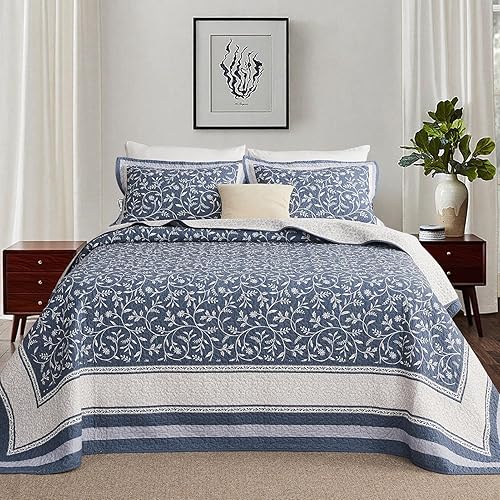 Miniatura 2 de PANGUSHAN Colcha de gran tamaño de 120 x 120 pulgadas, 100% algodón, tamaño California King, reversible, botánico, floral, casa de campo, XL, juego