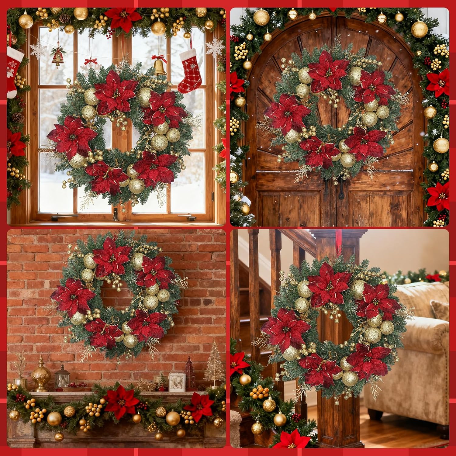 24 Inch Christmas Wreath for Front Door Artificial Christmas Wreath, with Pine Needles, Red & Gold Berries Decorations Accents, for Decor Indoor/Outdoor Christmas Decoration