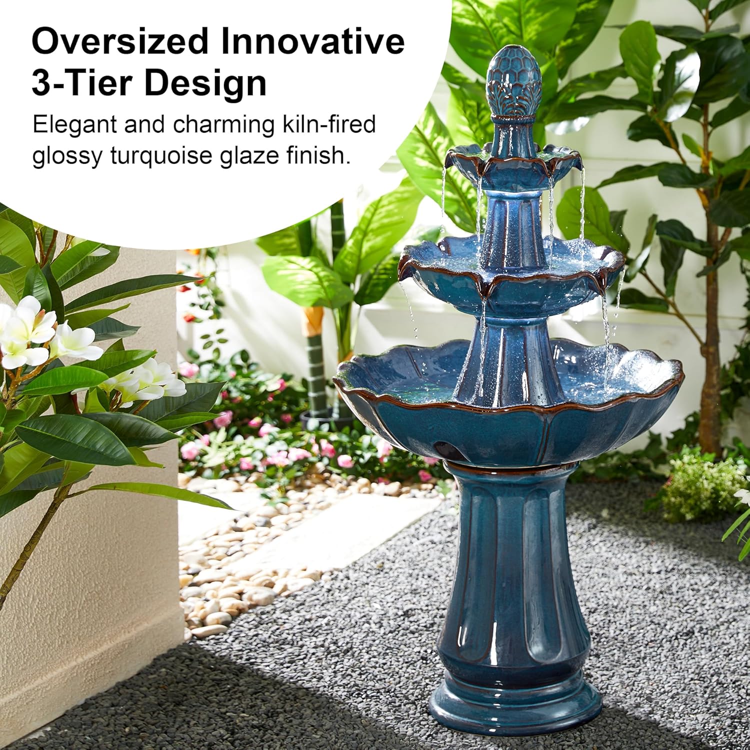 Glitzhome Outdoor 3 Tier Pedestal Fountain with LED Light & Pump - 45.25" H, Ceramic Turquoise Water Fountains Waterfall Large Floor-Standing Garden Fountain for Patio, Lawn, Backyard
