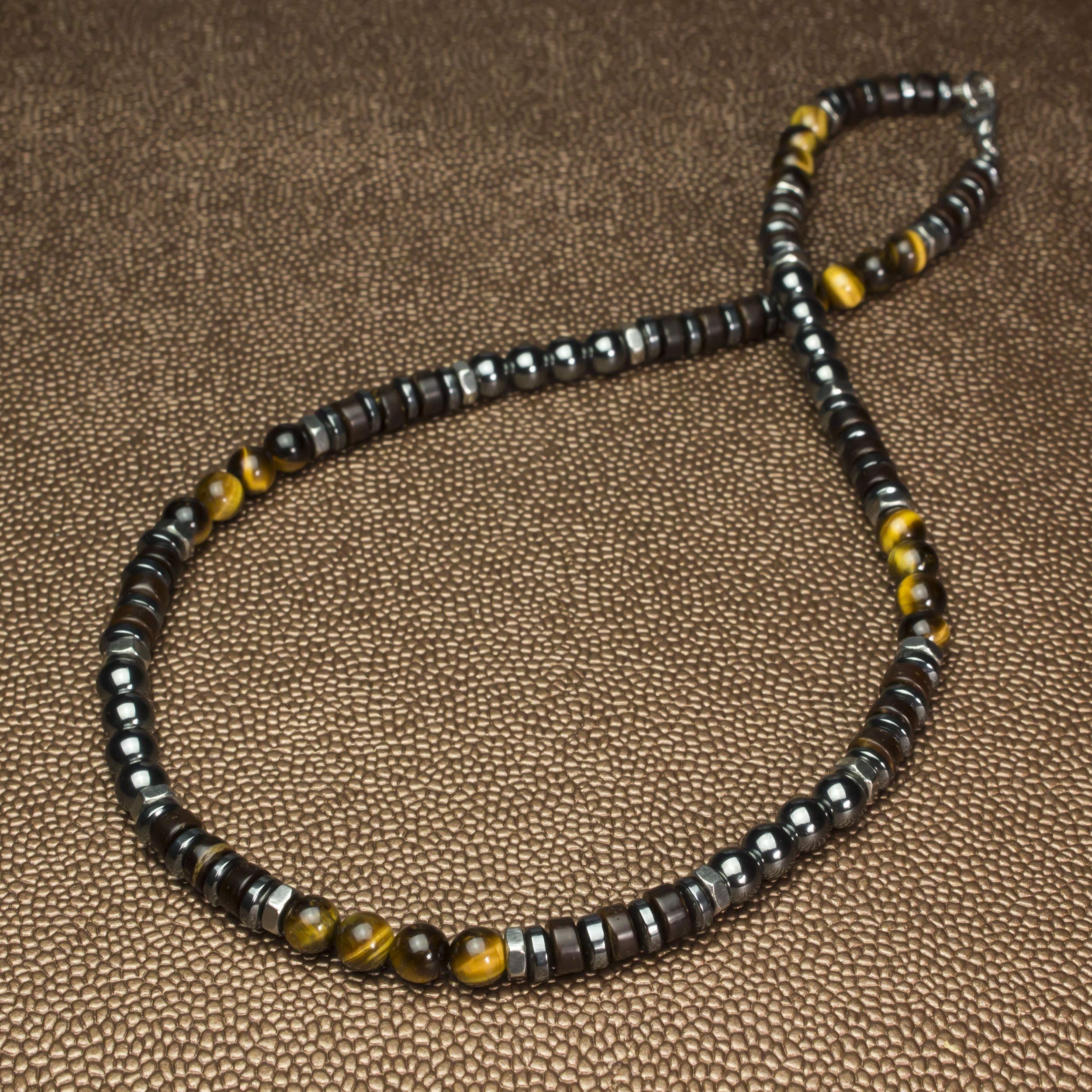 Sublime Collier Homme perles Ø6mm pierre Naturelle Œil de tigre bois coco hématite métal inoxydable couleur argent style tibétaine COLLITRION