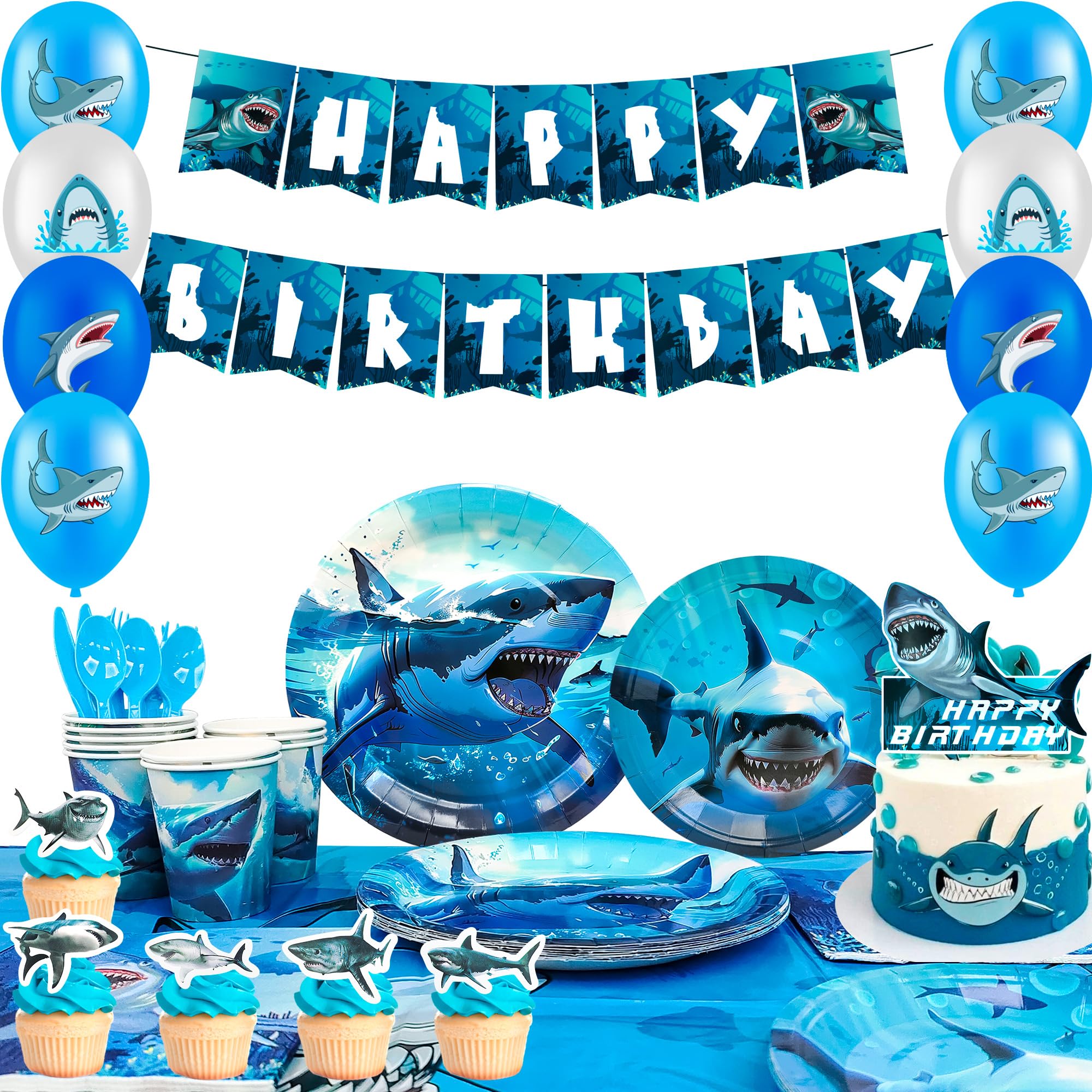 Shark Birthday Party Decorations, 10 Guests Shark Party Tableware Set, Under The Sea Plates Napkins Cups Tablecloths Banner Balloons Cake Toppers etc