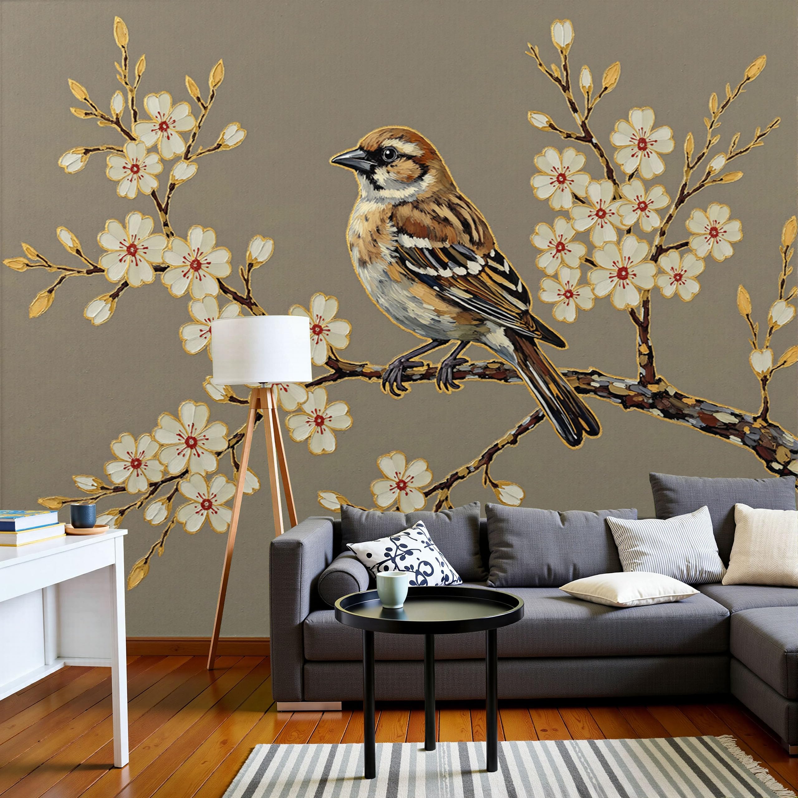 Papier Peint 3D Moineau Tapisserie Soie Brun Jaune 450x315cm