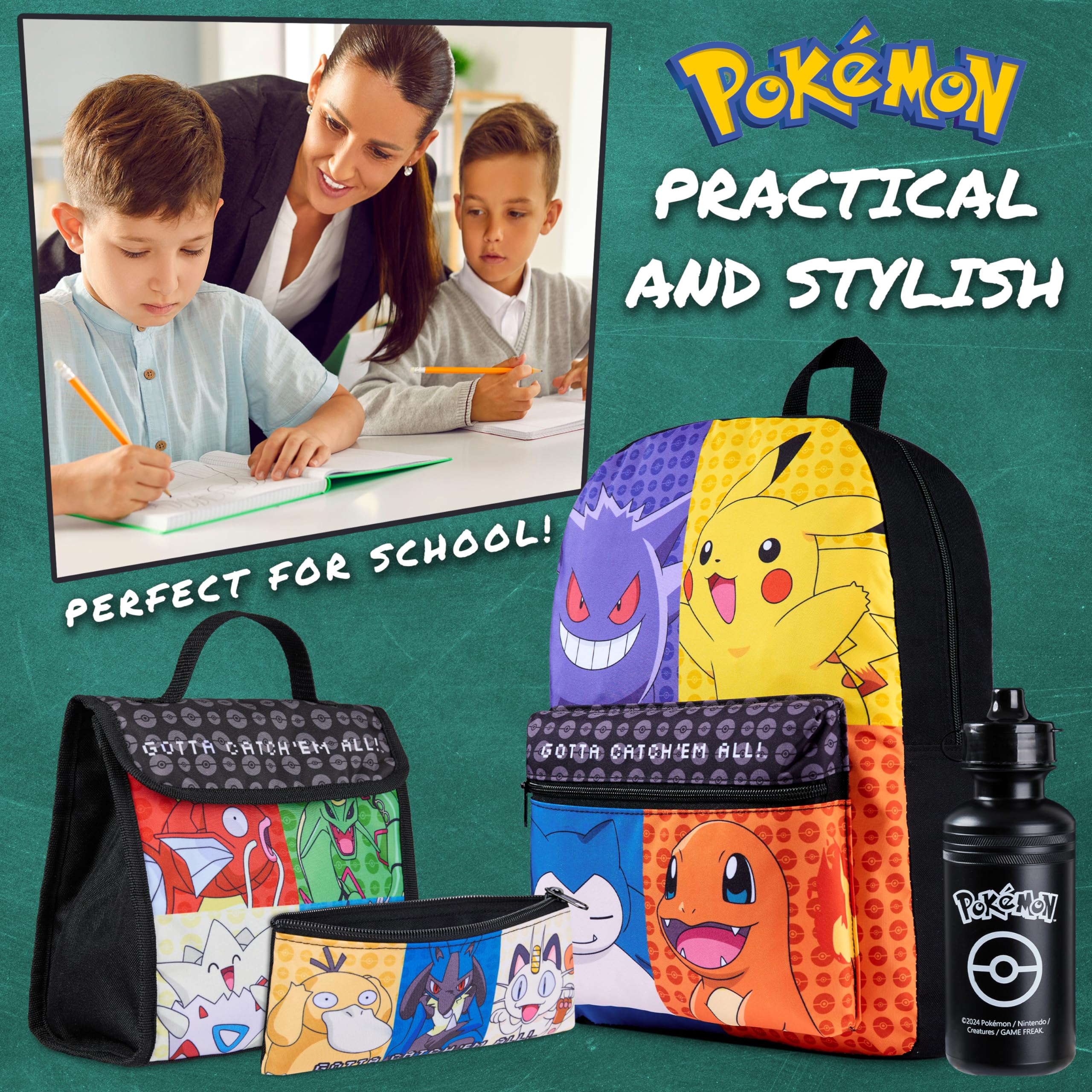 Pokémon Sacs à Dos pour Enfant Set 4 Pc Bouteille d'eau Sac a Dos Trousse Sac à Lunch Isotherme ou Portefeuille Anime Fournitures Scolaires (Multi/Noir Ensemble de 4 Pièces)