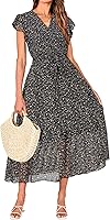 BTFBM Women's Bohemian Floral Wrap V-Neck Ruffle Cap Sleeveless Belted A-Line Midi Sun Dress White