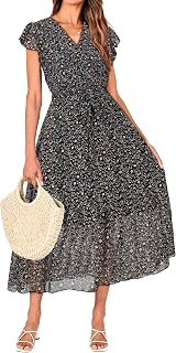 BTFBM Women's Bohemian Floral Wrap V-Neck Ruffle Cap Sleeveless Belted A-Line Midi Sun Dress White