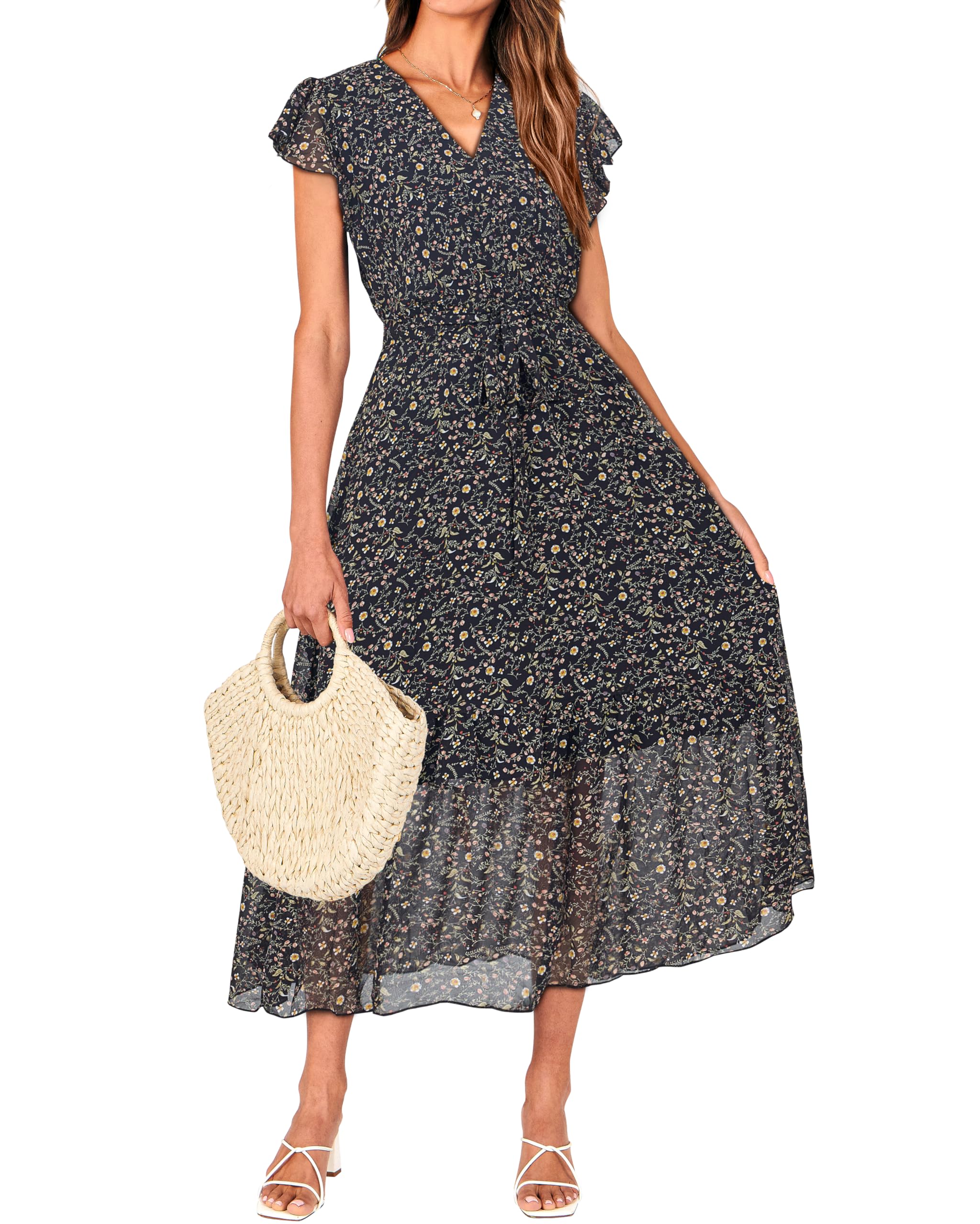 Women Summer Casual Wrap V Neck Ruffle Cap Sleeve Belted Midi Dress